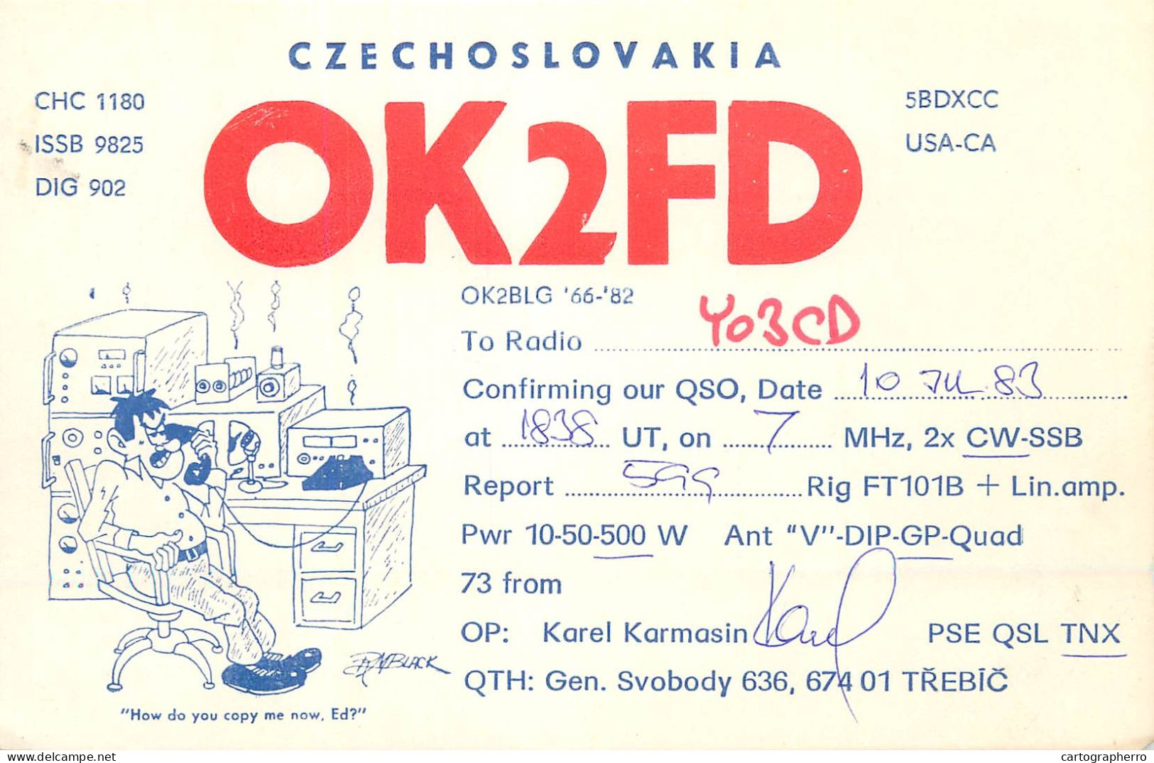 Radio Amateur QSL Post Card Y03CD OK2FD Czechoslovakia - Amateurfunk