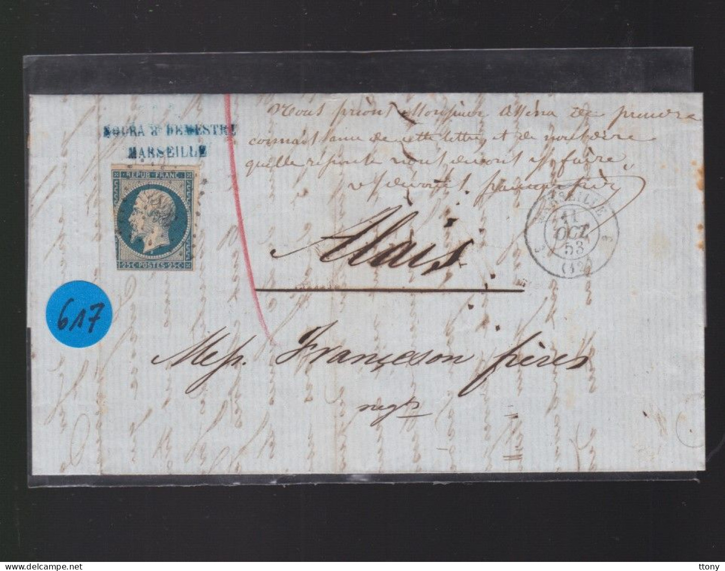 Un Timbre N° 10 Louis Napoléon    25 C Bleu  Prince -président Sur Une Lettre 11 Octobre 1853 - 1852 Louis-Napoleon