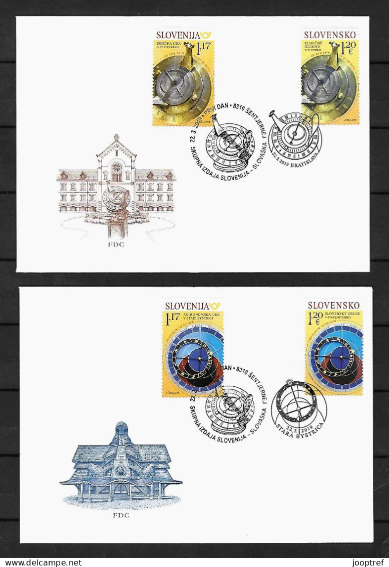 2019 Joint Slovakia And Slovenia, PAIR OF 2 MIXED FDC'S WITH 1+1 STAMPS: Astronomical Clocks - Emissioni Congiunte