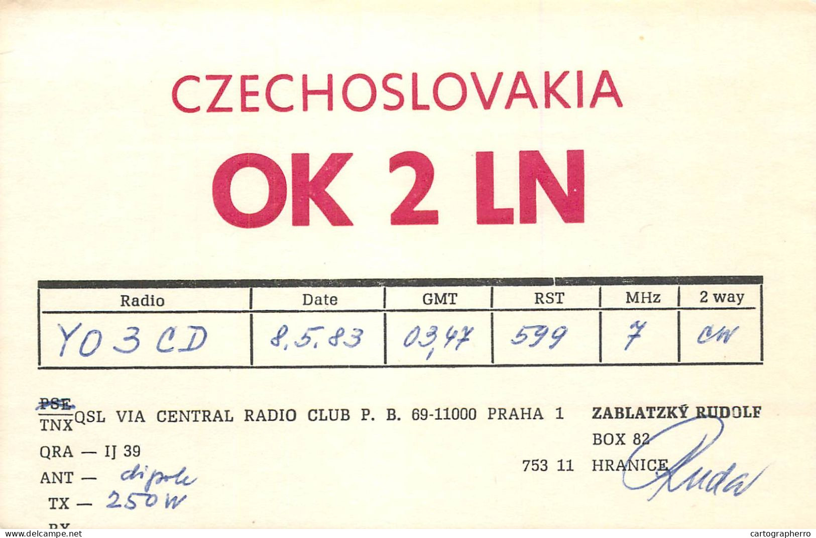 Radio Amateur QSL Post Card Y03CD OK2LN Czechoslovakia - Amateurfunk