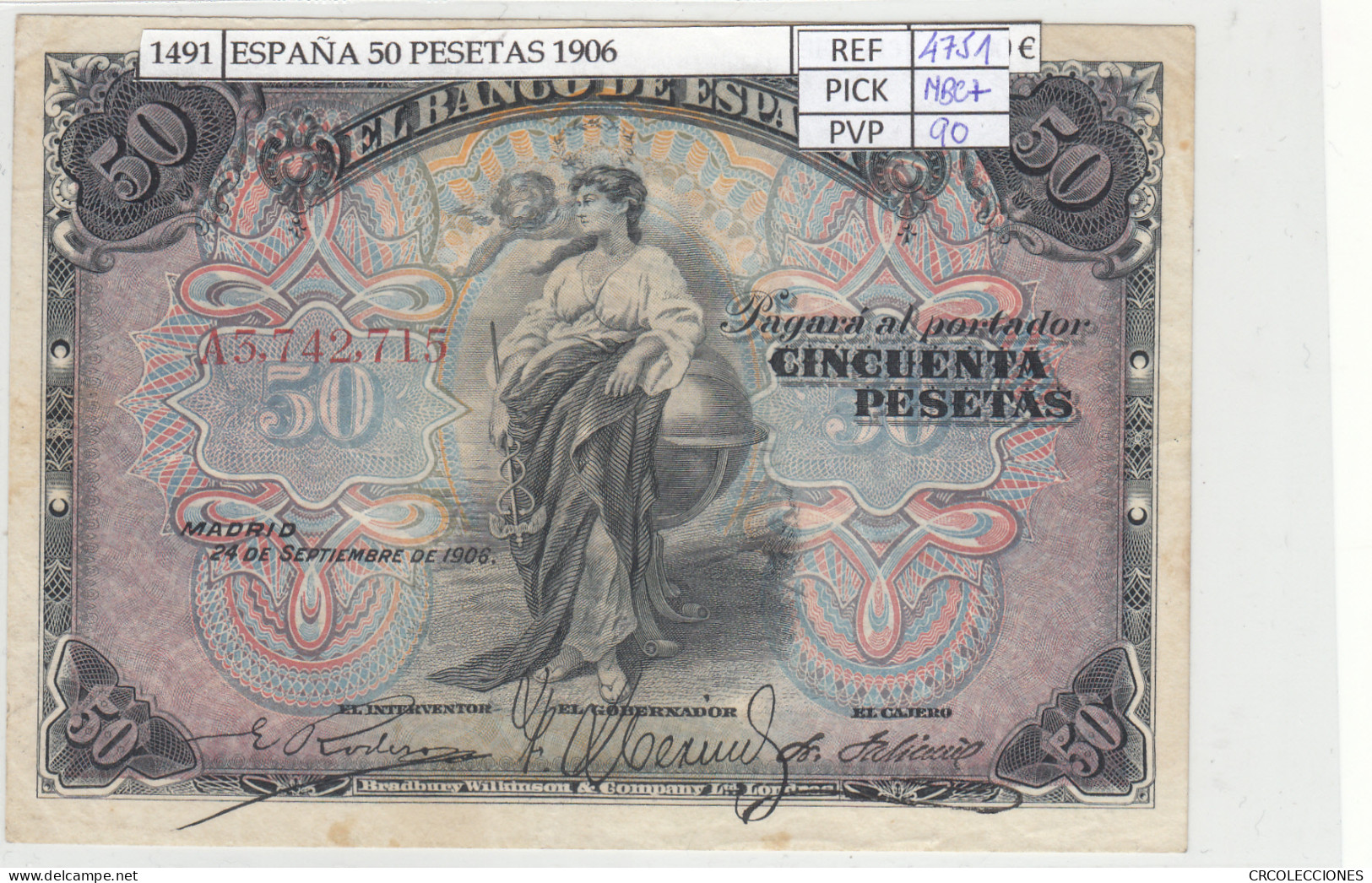 BILLETE ESPAÑA 50 PESETAS 1906 P-58a SERIE A CON APRESTO MBC+ - Andere & Zonder Classificatie