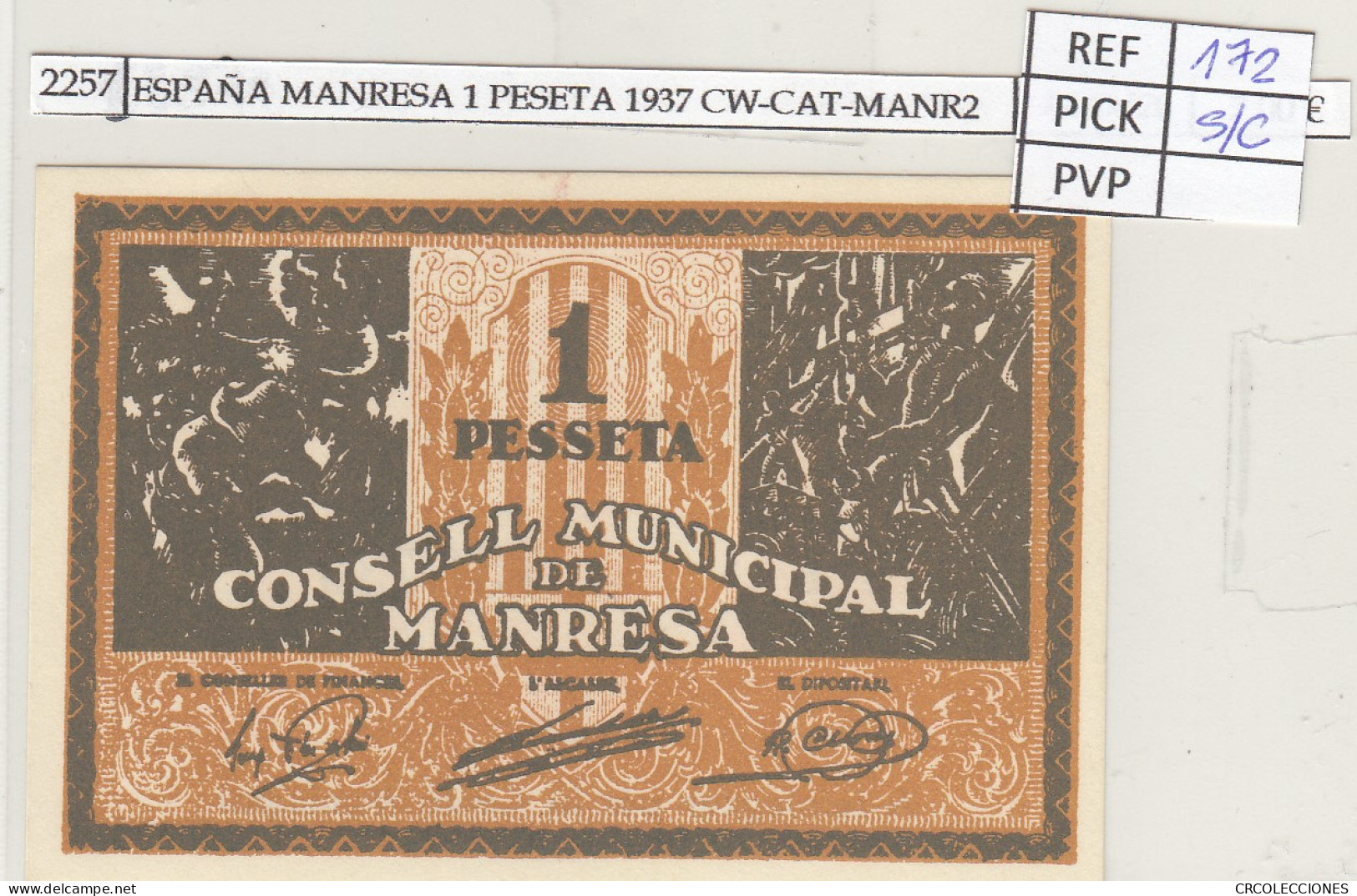 BILLETE ESPAÑA MANRESA 1 PESETA 1937 CW-CAT-MANR2 SIN CIRCULAR - Autres & Non Classés