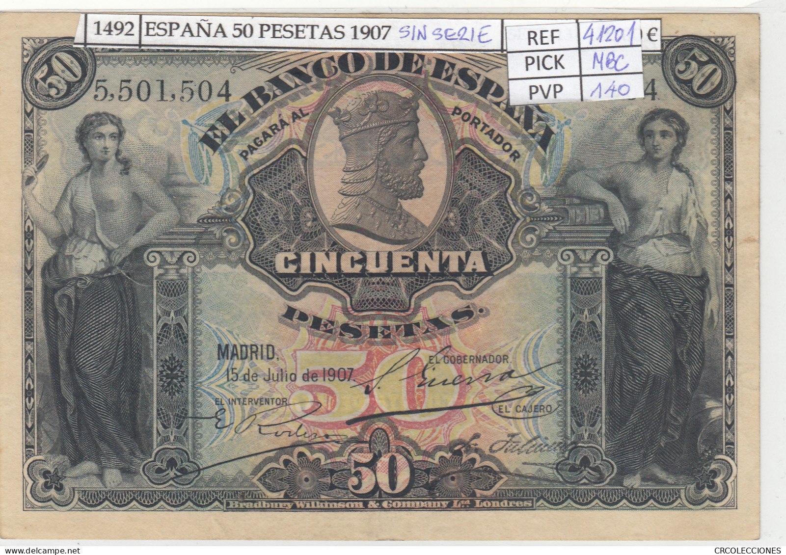 BILLETE ESPAÑA 50 PESETAS 1907 P-63a SIN SERIE MBC+ - Otros & Sin Clasificación