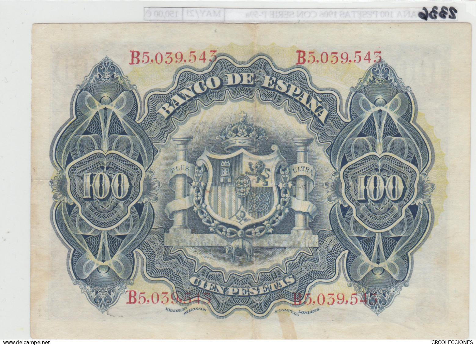 BILLETE ESPAÑA 100 PESETAS 1906 SERIE B P-59a CON APRESTO MBC+ - Andere & Zonder Classificatie