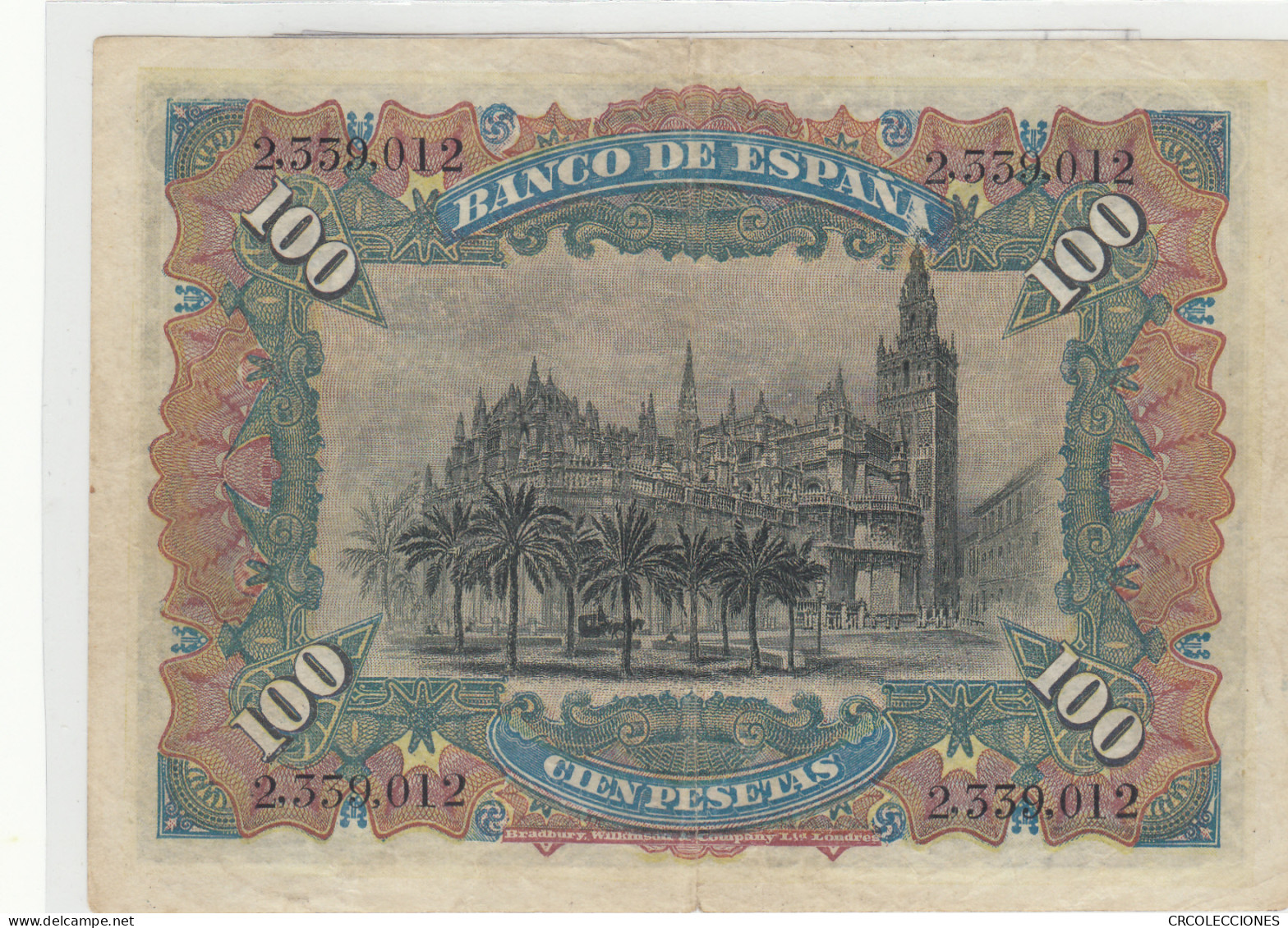 BILLETE ESPAÑA 100 PESETAS 1907 P-64a SIN SERIE MBC CON APRESTO - Andere & Zonder Classificatie