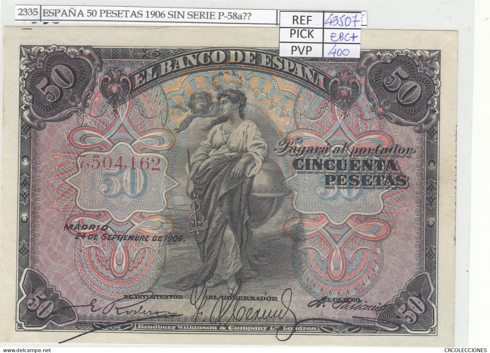 BILLETE ESPAÑA 50 PESETAS 1906 SIN SERIE P-58a EBC+ - Otros & Sin Clasificación