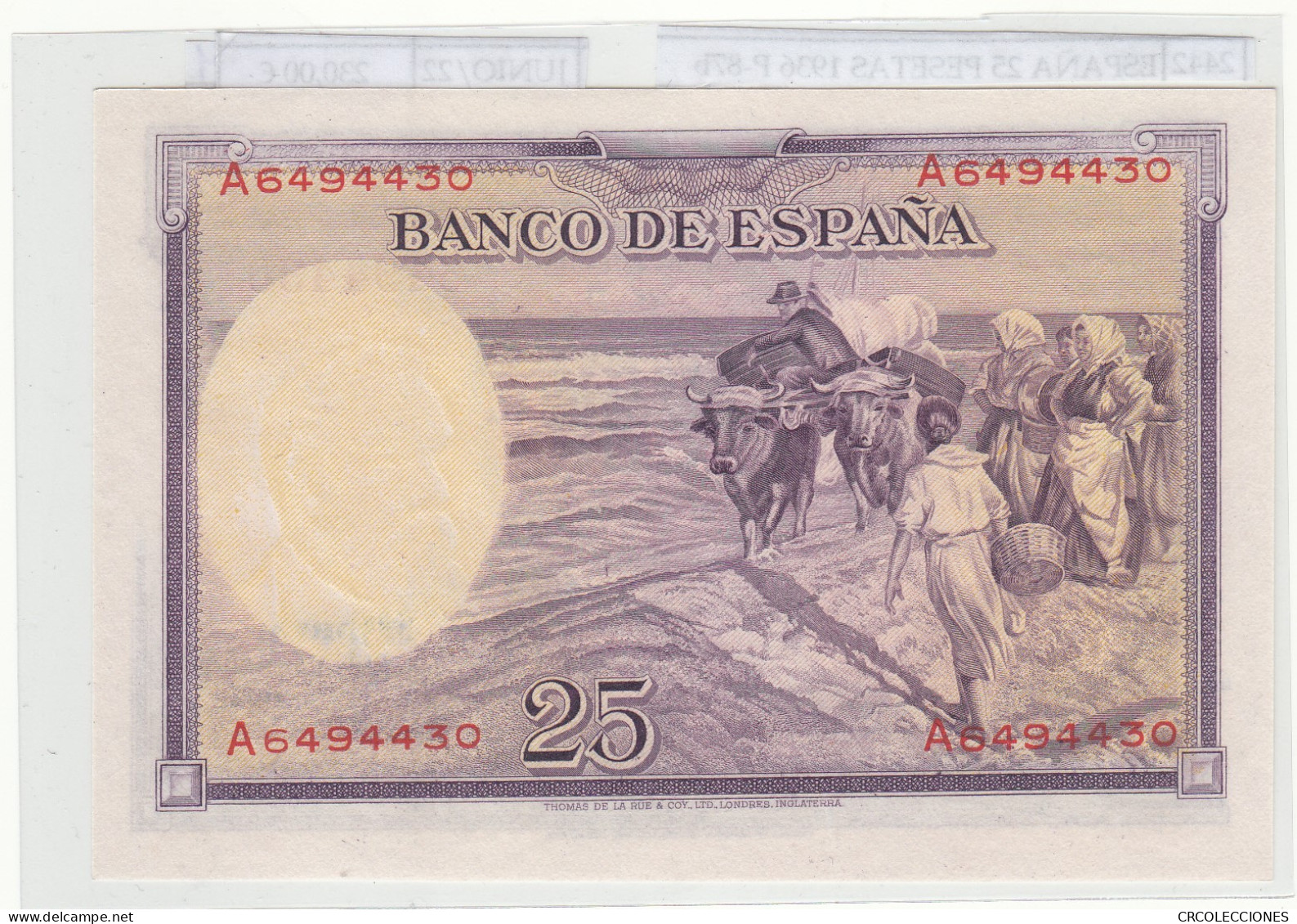 BILLETE ESPAÑA 25 PESETAS 1936 P-87b SIN CIRCULAR - Autres & Non Classés