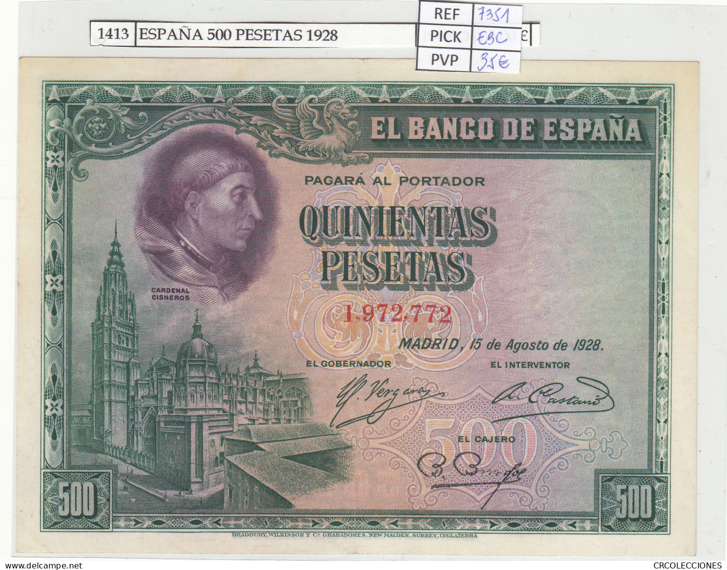 BILLETE ESPAÑA 500 PESETAS 1928 P-77a EBC - Otros & Sin Clasificación