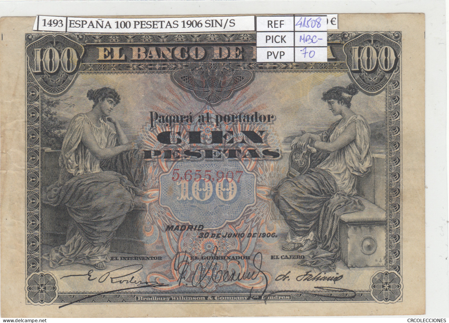 BILLETE ESPAÑA 100 PESETAS 1906 SIN SERIE P-59a MBC- - Otros & Sin Clasificación