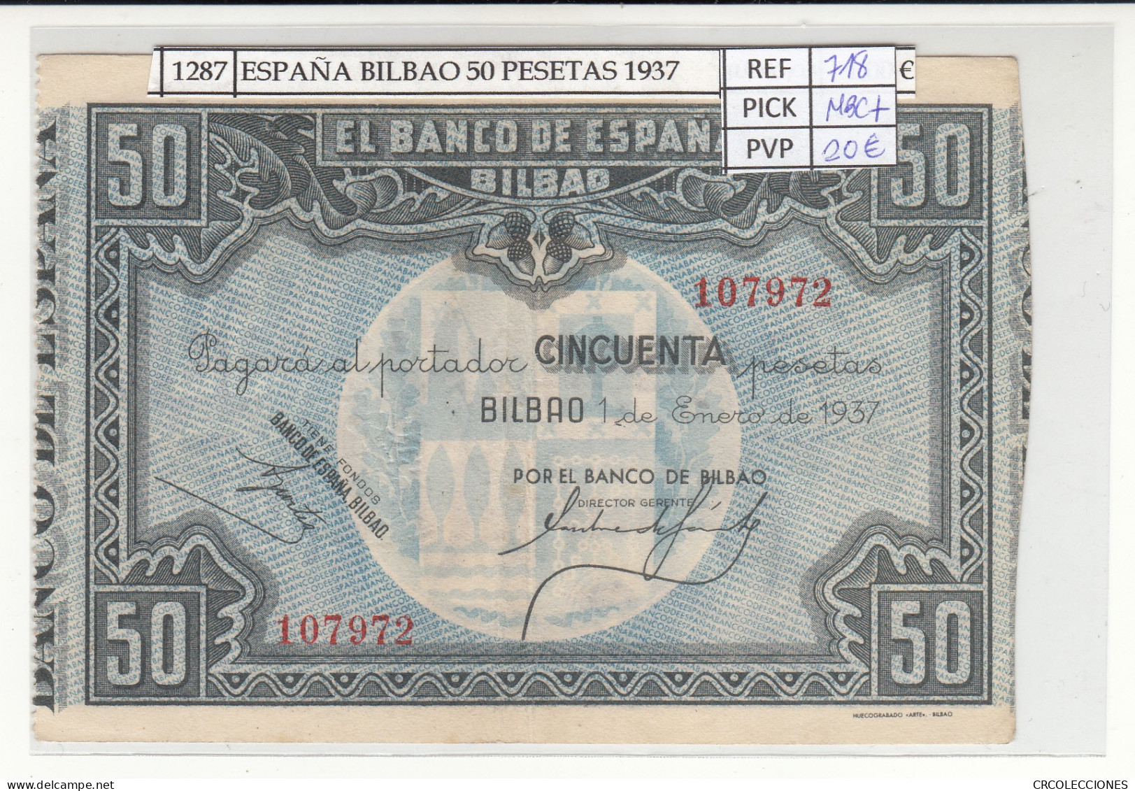 BILLETE ESPAÑA BILBAO 50 PESETAS 1937 P-S564a MBC+ - Andere & Zonder Classificatie