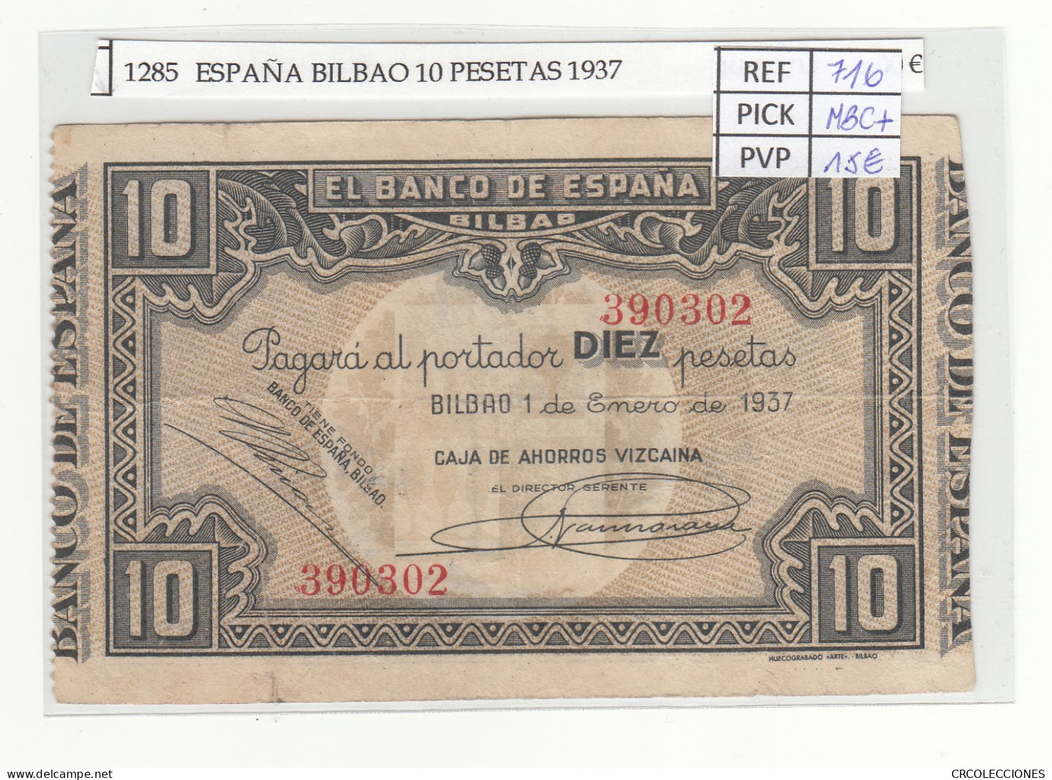 BILLETE ESPAÑA BILBAO 10 PESETAS 1937 P-S562g MBC+ - Andere & Zonder Classificatie