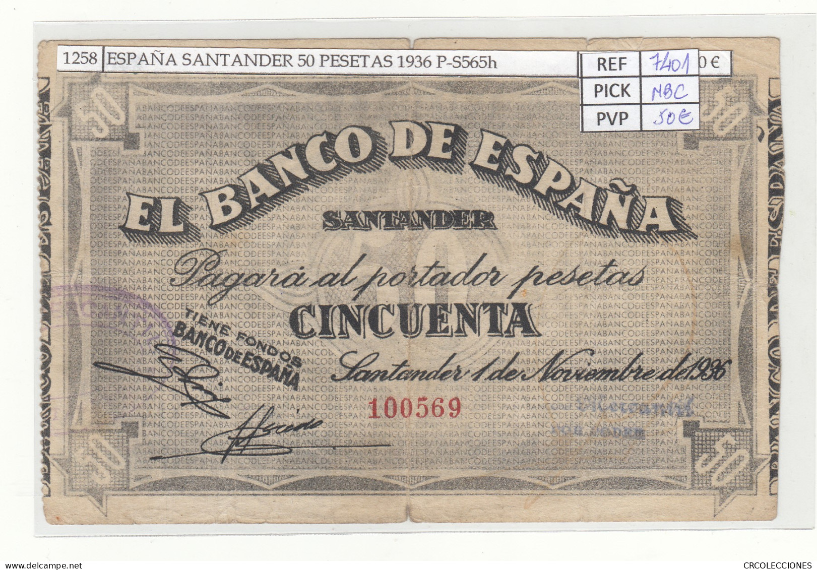 BILLETE ESPAÑA SANTANDER 50 PESETAS 1936 P-S565h MBC - Otros & Sin Clasificación