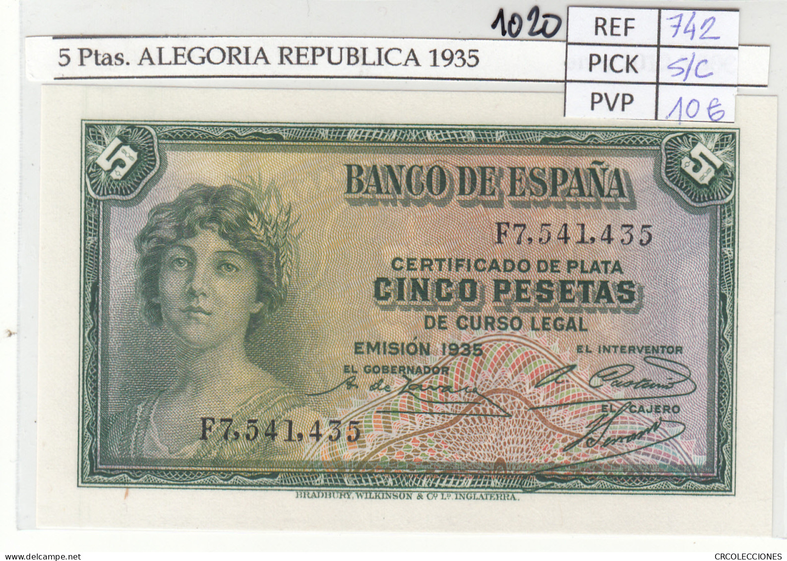 BILLETE ESPAÑA 5 PESETAS 1935 P-85a.2 SIN CIRCULAR - Other & Unclassified