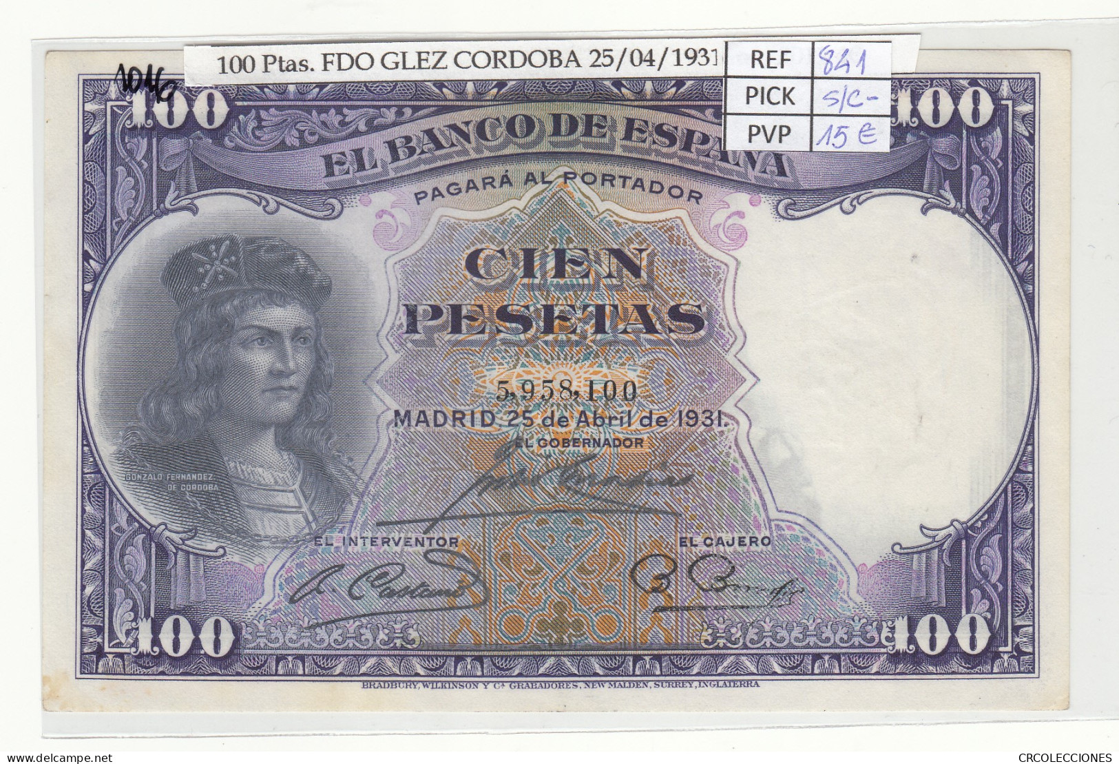 BILLETE ESPAÑA 100 PESETAS 1931 P-83 S/C- - Andere & Zonder Classificatie