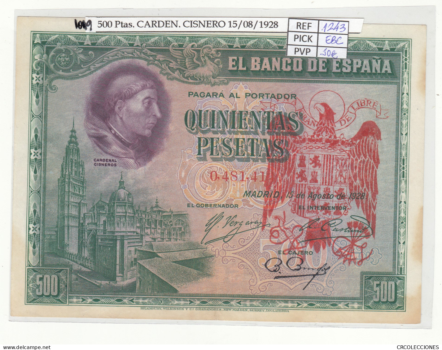 BILLETE ESPAÑA 500 PESETAS CON RESELLO 1928 P-77aX EBC - Autres & Non Classés