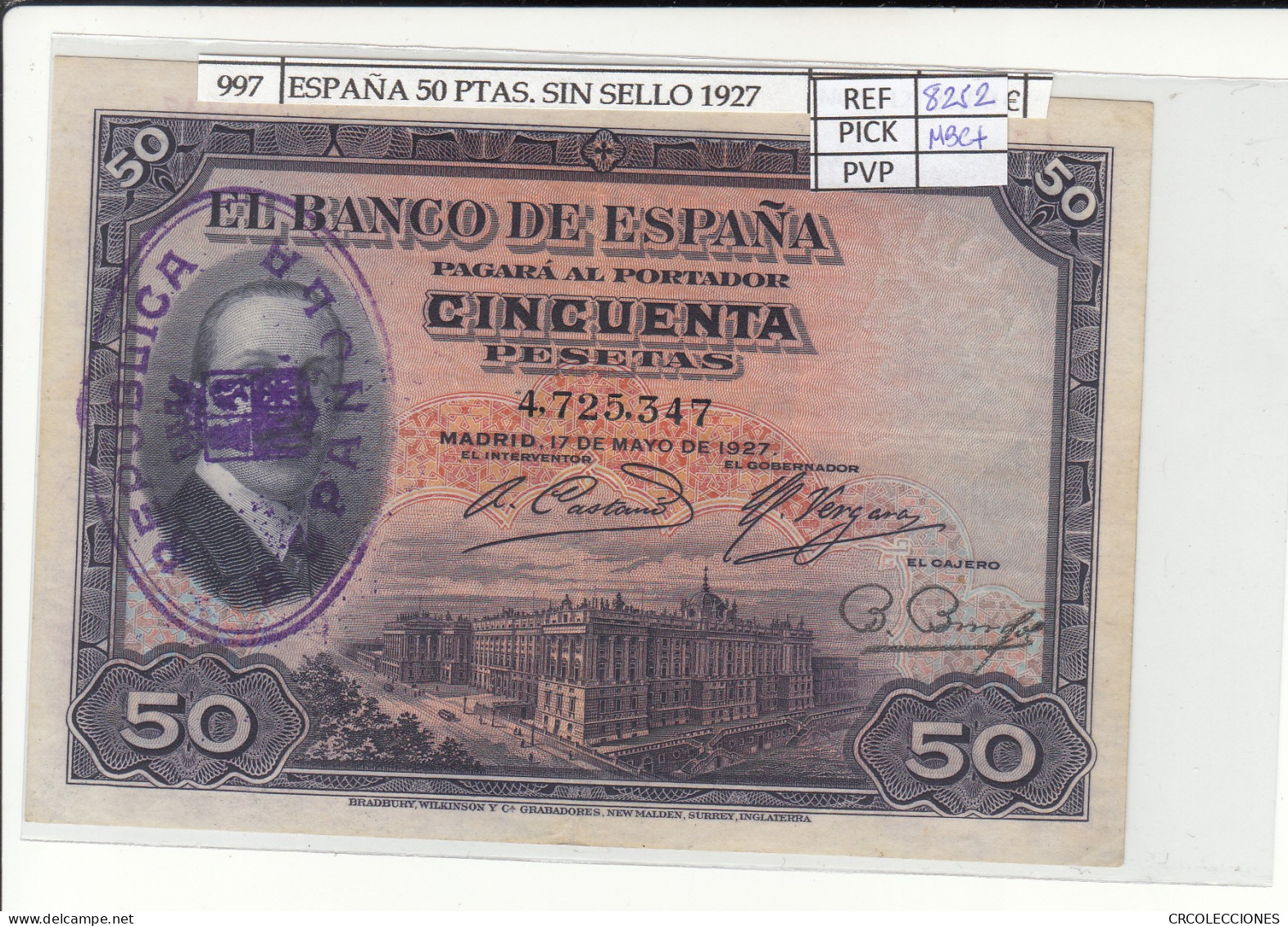 BILLETE ESPAÑA 50 PESETAS RESELLO 1927 P-80 MBC+ - Autres & Non Classés