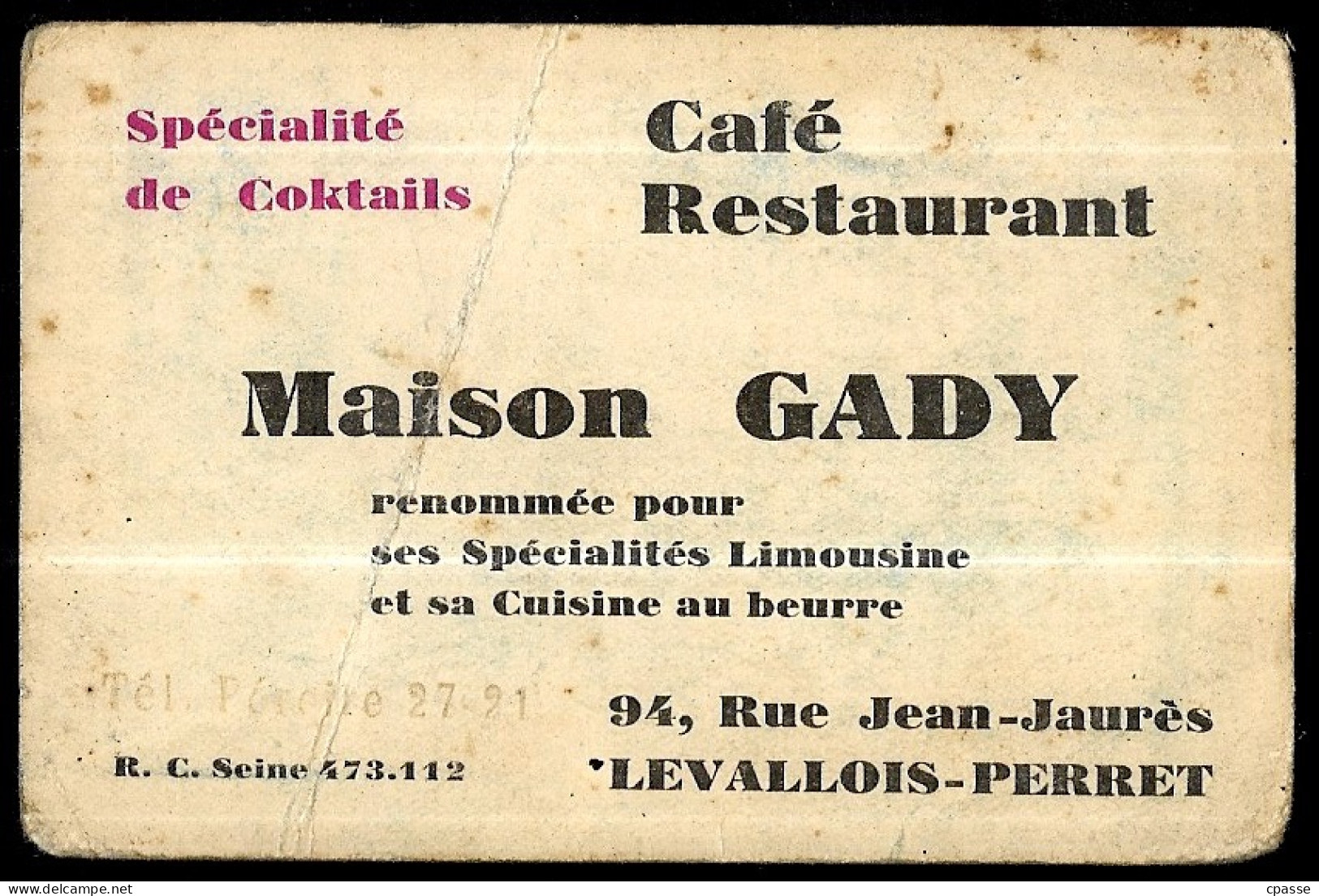 En L'état Carte De Visite Commerciale 92 LEVALLOIS-PERRET - Maison GADY - Café Restaurant - Cocktails - Visiting Cards