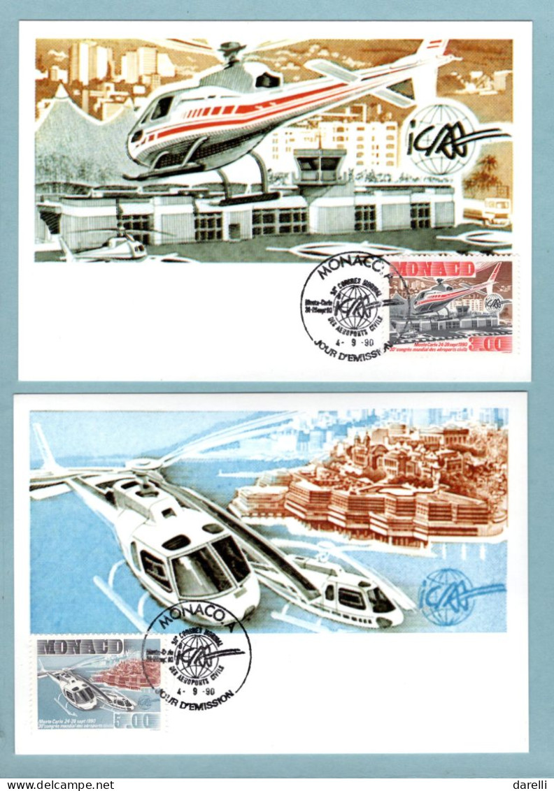 Carte Maximum Monaco 1990 - 30e Congrès Mondial Des Aéroports Civils - Hélicoptère YT 1736 Et 1737 - Cartoline Maximum