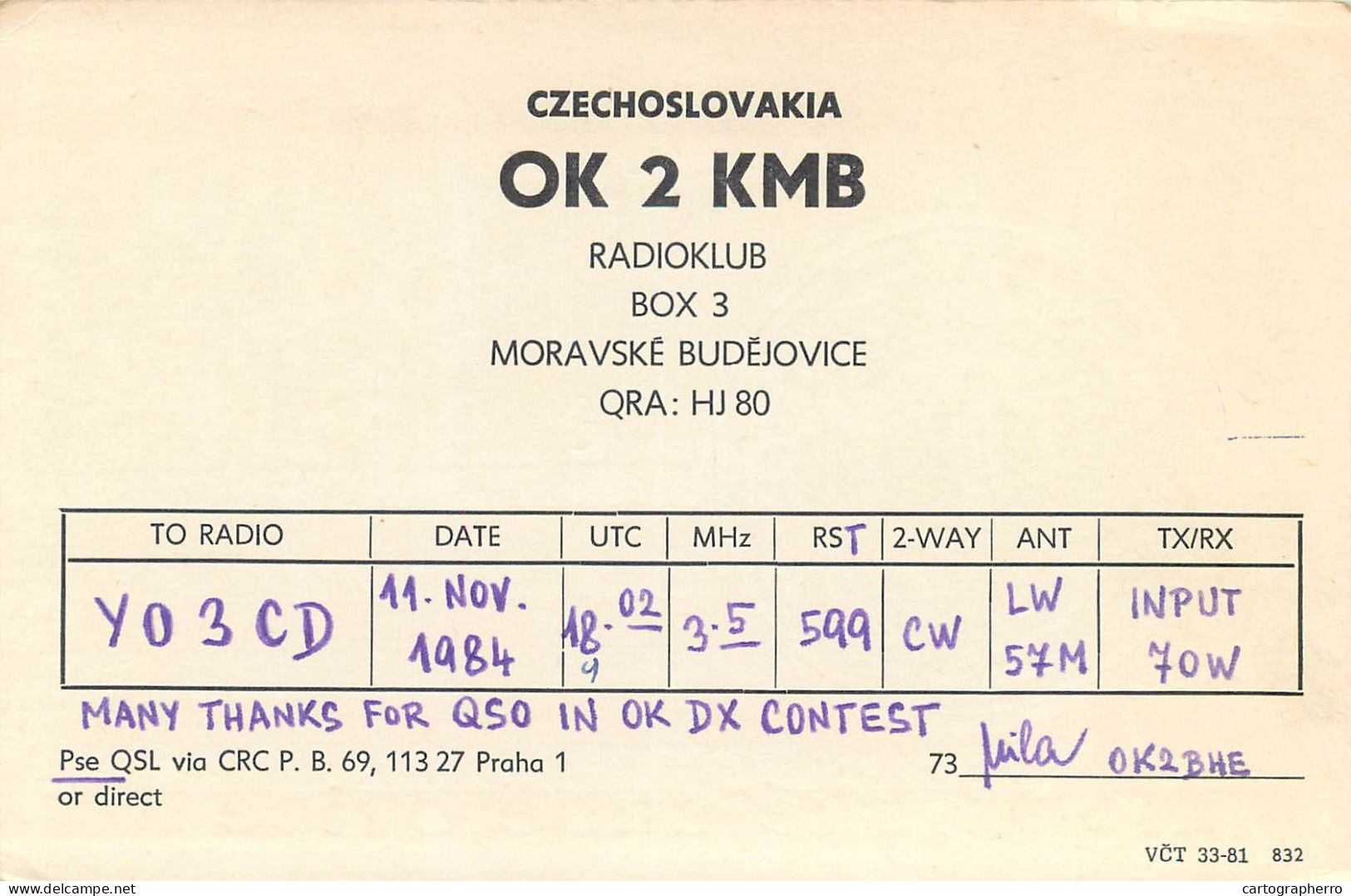 Radio Amateur QSL Post Card Y03CD OK2KMB Czechoslovakia - Amateurfunk