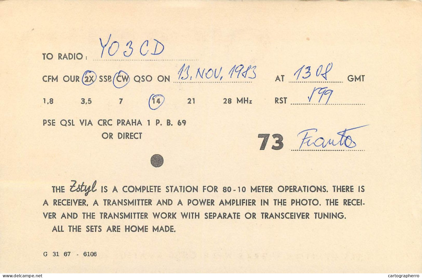 Radio Amateur QSL Post Card Y03CD OK2BHQ Czechoslovakia - Amateurfunk