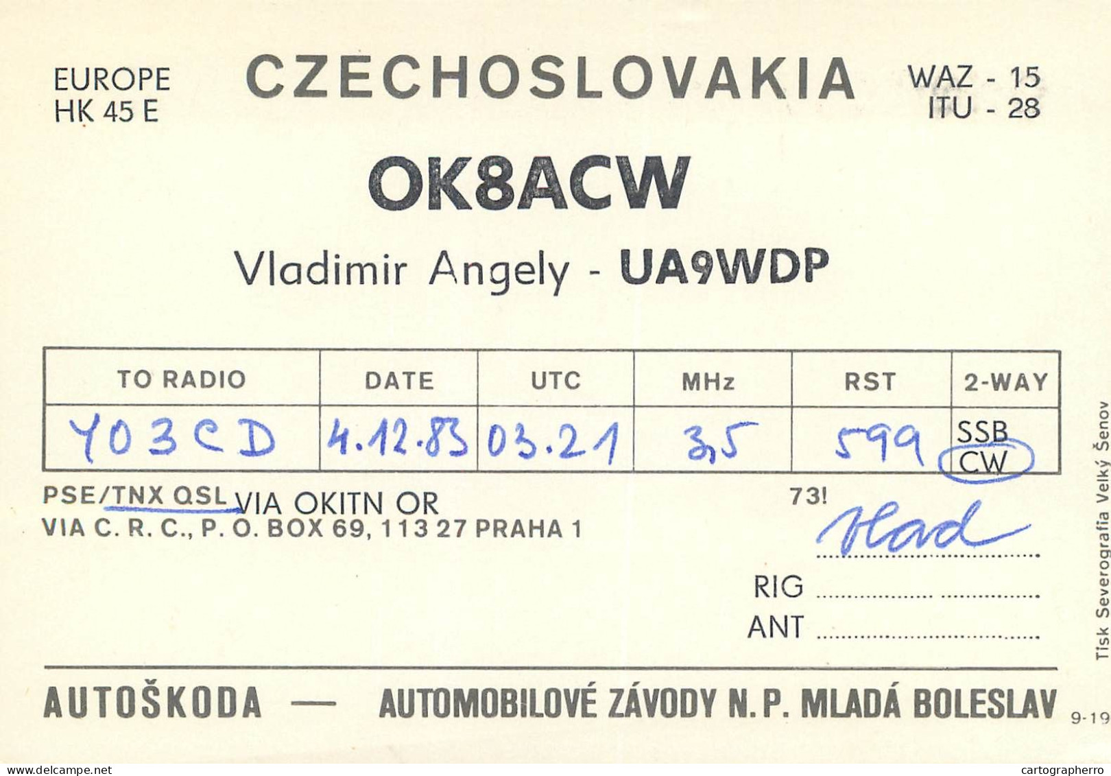 Radio Amateur QSL Post Card Y03CD OK8ACW Czechoslovakia - Amateurfunk