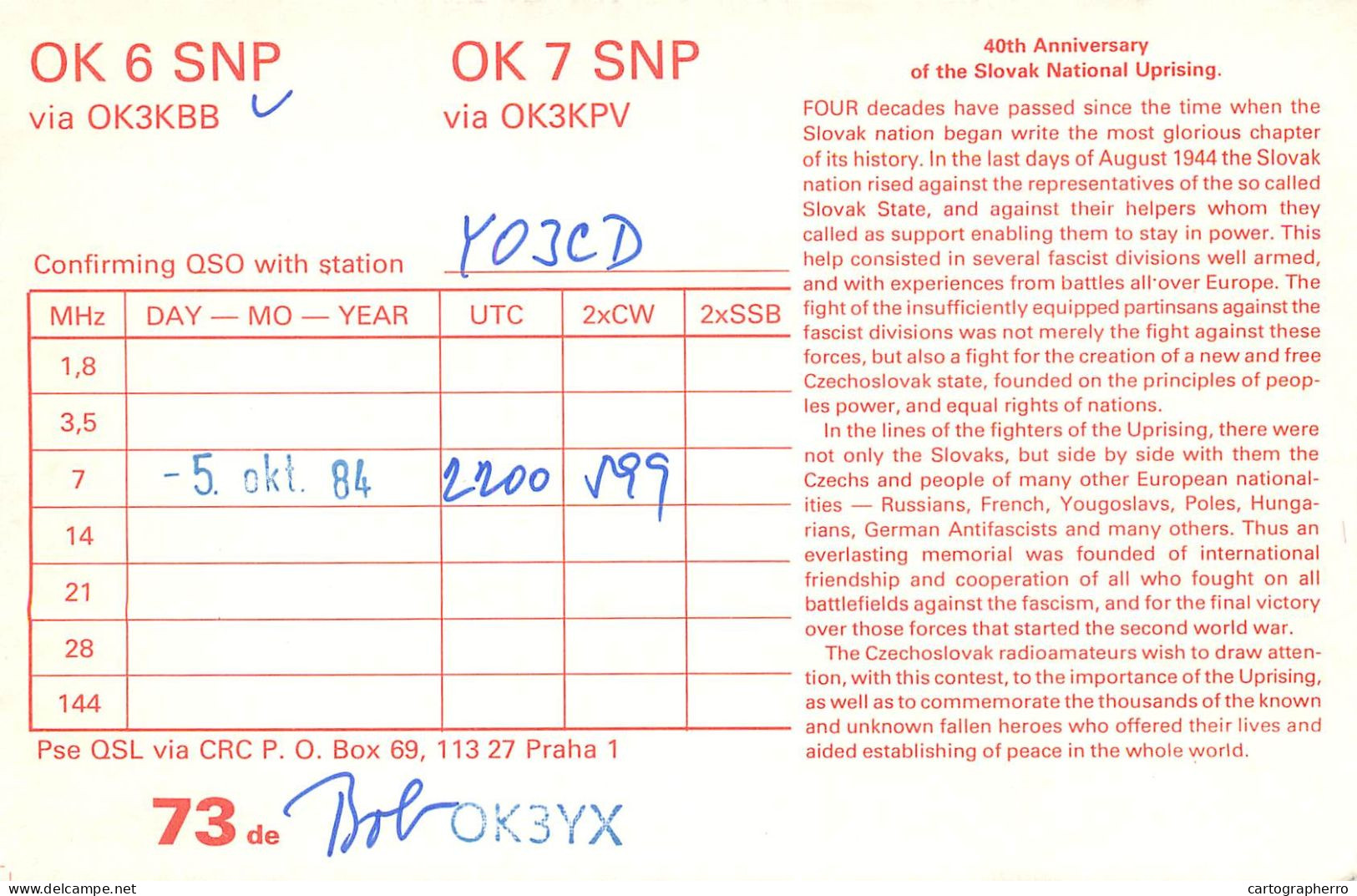 Radio Amateur QSL Post Card Y03CD OK6SNP Czechoslovakia - Radio Amateur