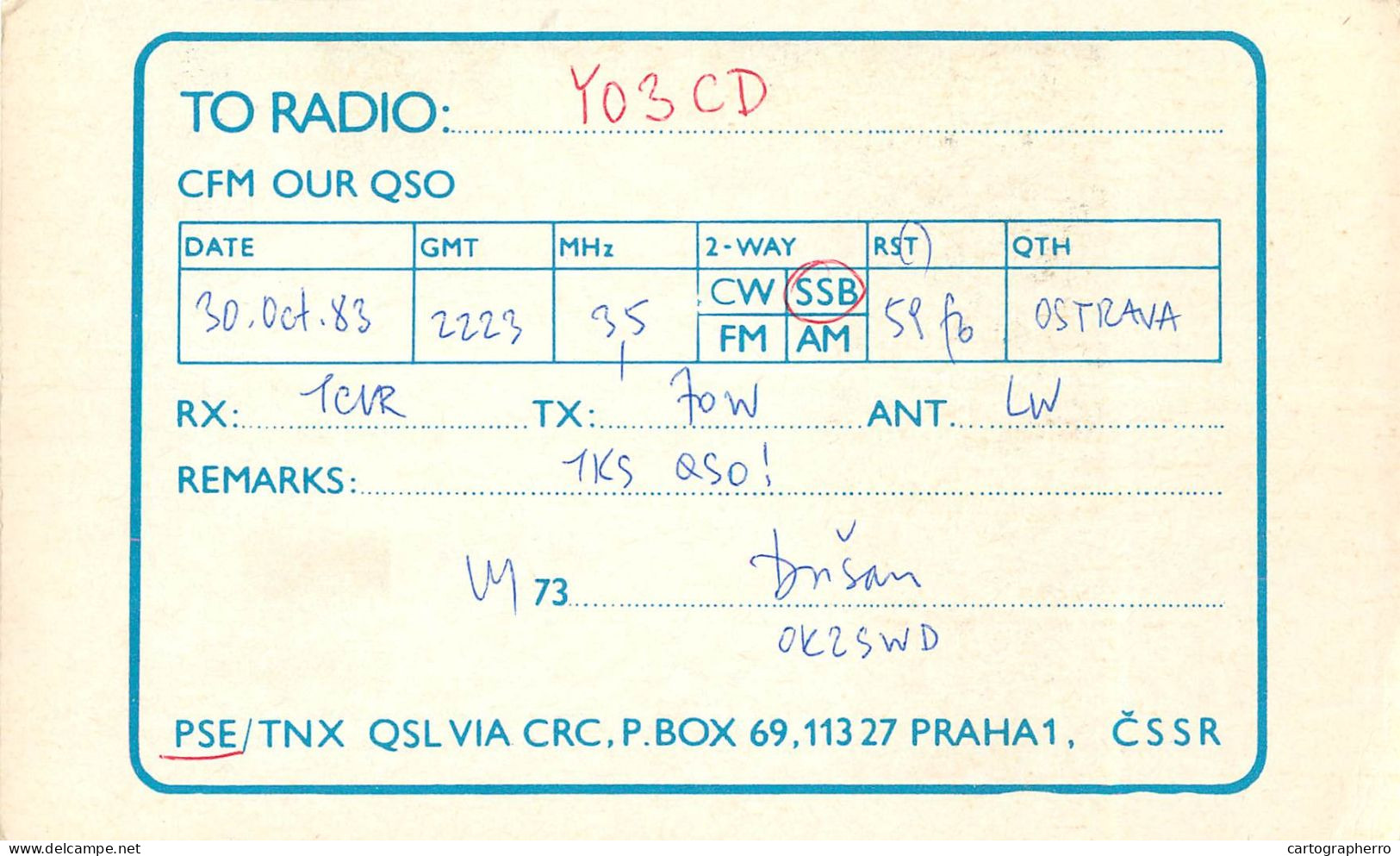 Radio Amateur QSL Post Card Y03CD OK2KVI  Czechoslovakia - Radio Amatoriale