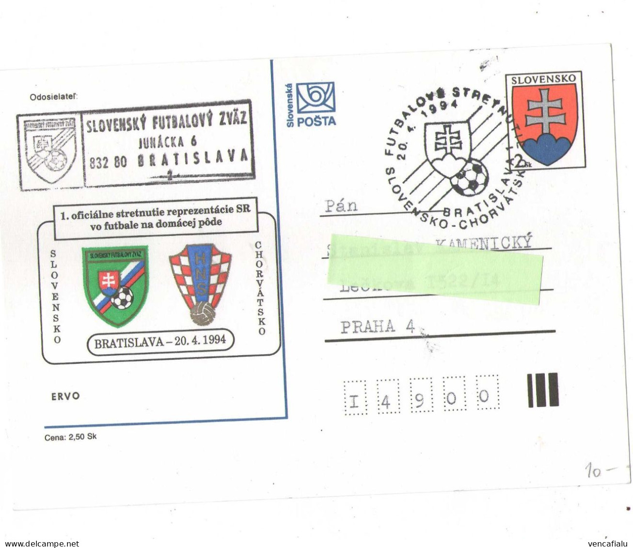 Slovakia 1994 -  First Tournament Slovakia - Croatia, Special Postal Stationery And Postmark, Postage Used - Cartas & Documentos