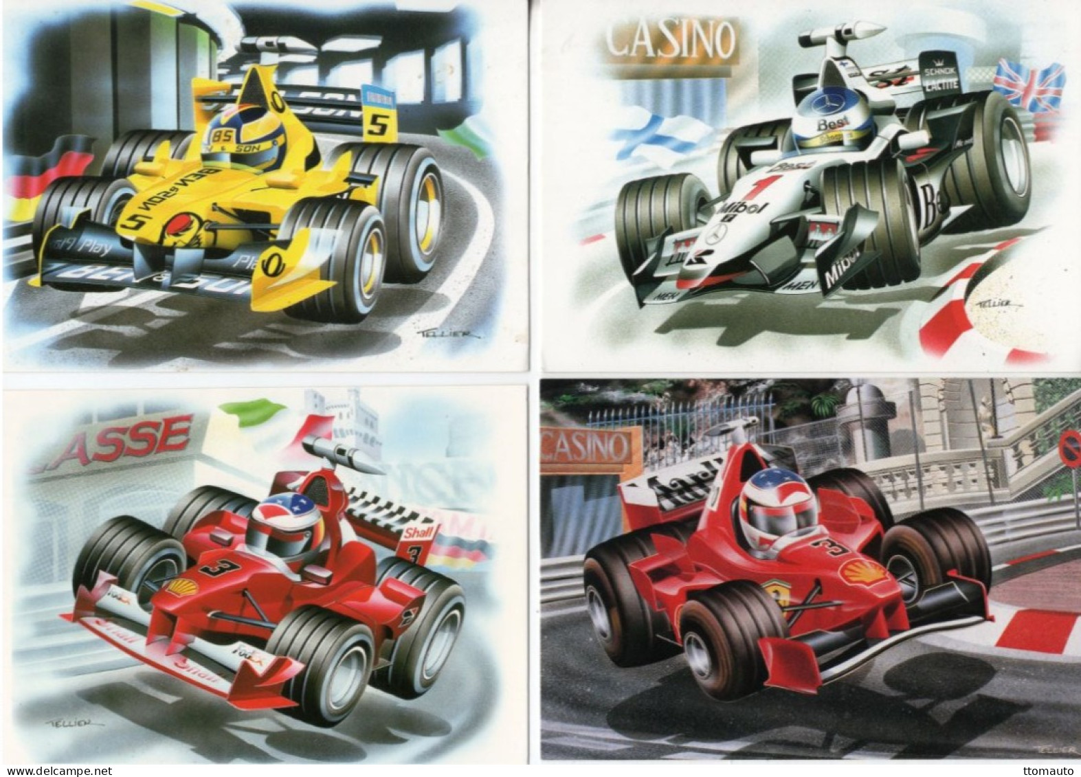 Lot De 4 Cartes Postales - Grand Prix Cars And Drivers - Caricatures By Artiste Tellier - 4 X CPM - Grand Prix / F1