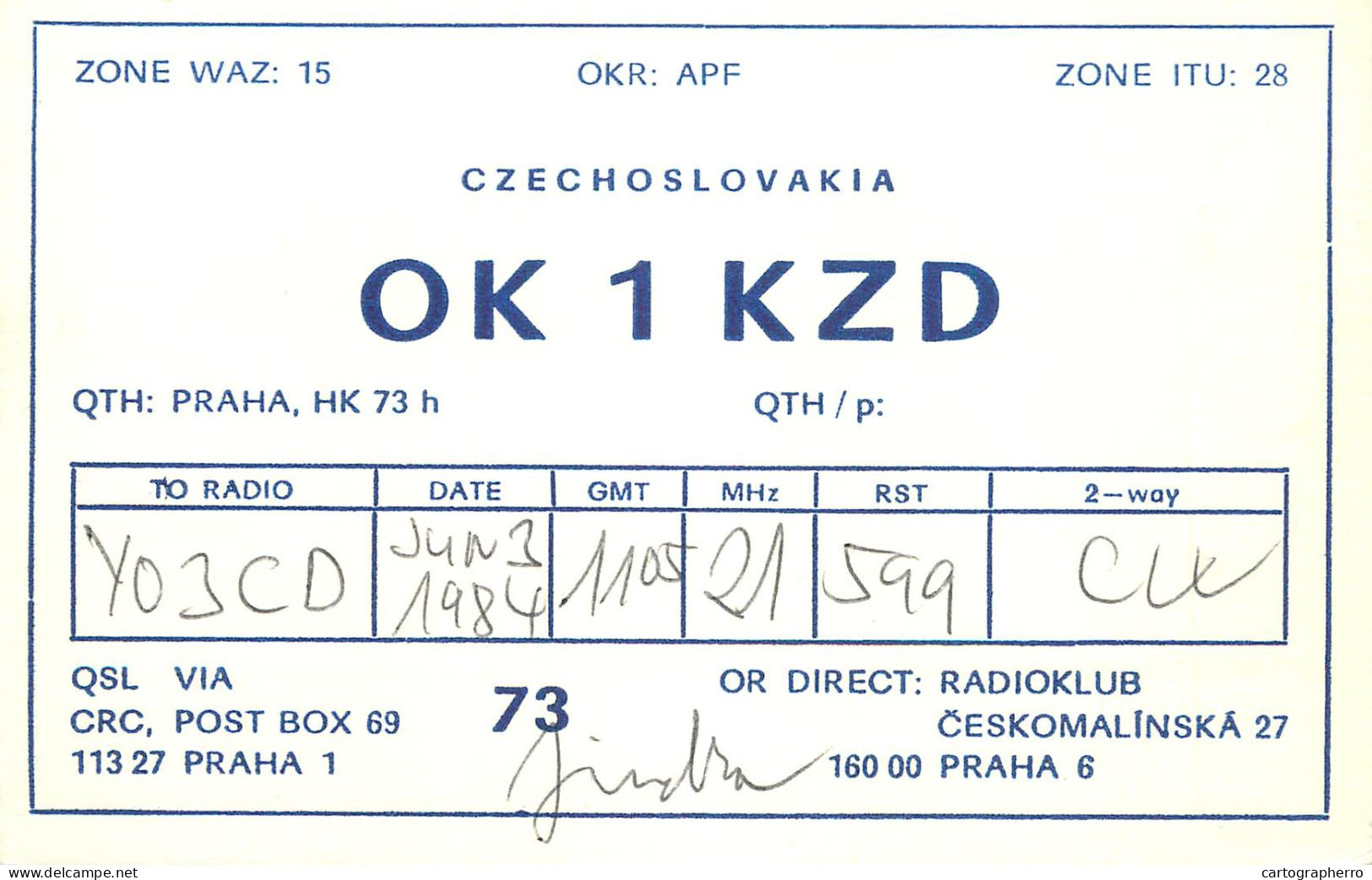 Radio Amateur QSL Post Card Y03CD OK1KZD Czechoslovakia - Amateurfunk