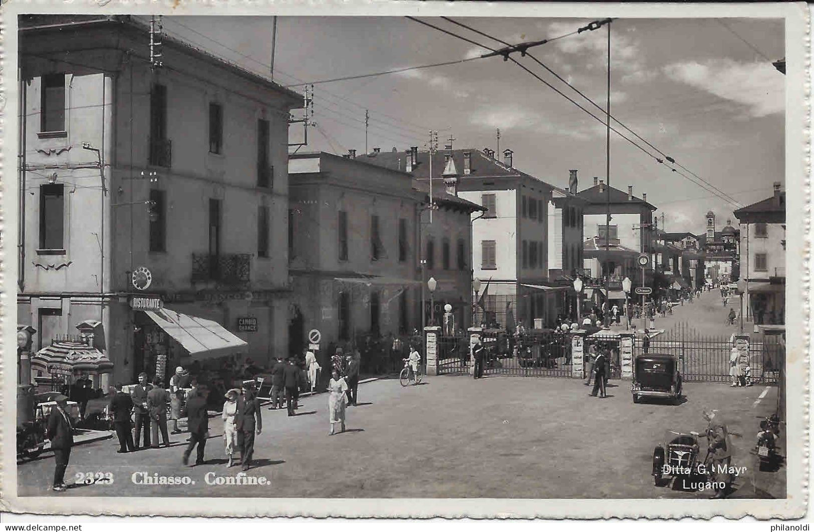 Chiasso. Confine, Dogana, Zoll, Douane. Bell'animazione + Macchina, Moto, Side-car, Viaggiata 1945 (francobollo Rimosso) - Chiasso