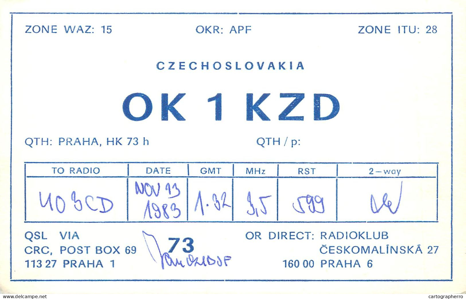 Radio Amateur QSL Post Card Y03CD OK1KZD Czechoslovakia - Radio Amatoriale