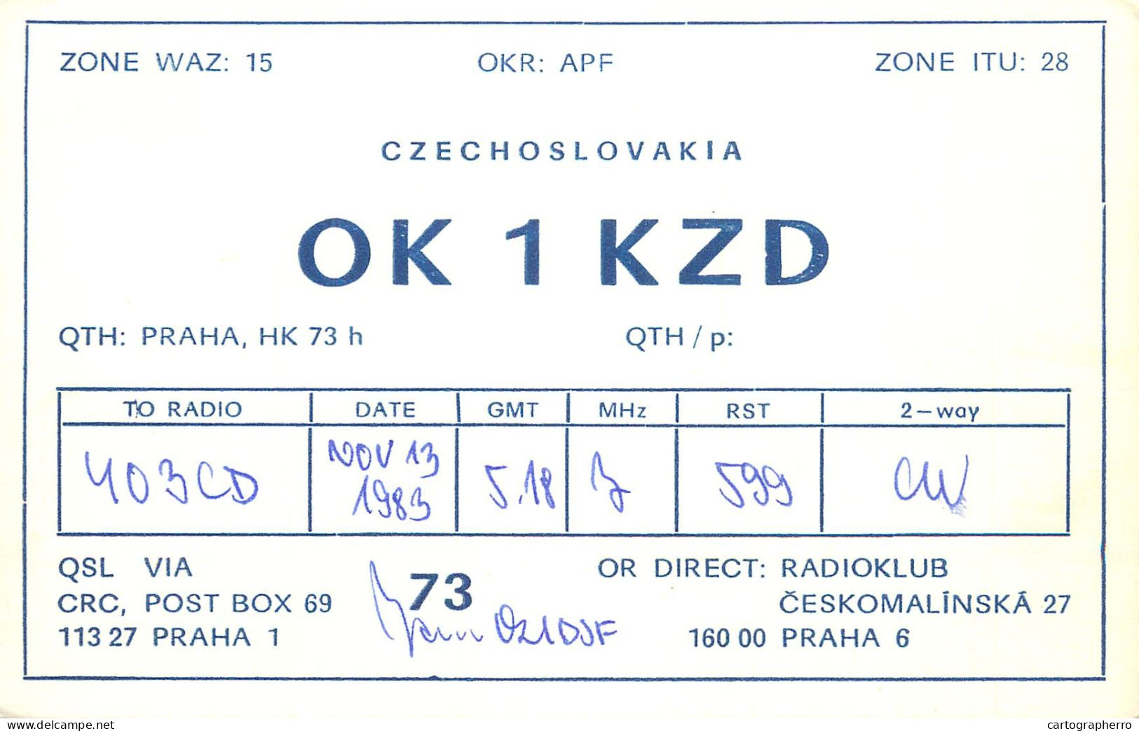 Radio Amateur QSL Post Card Y03CD OK1KZD Czechoslovakia - Amateurfunk