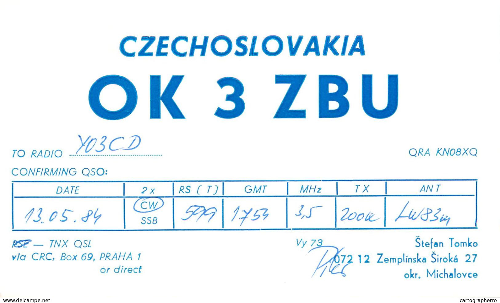 Radio Amateur QSL Post Card Y03CD OK3ZBU Czechoslovakia - Radio Amatoriale