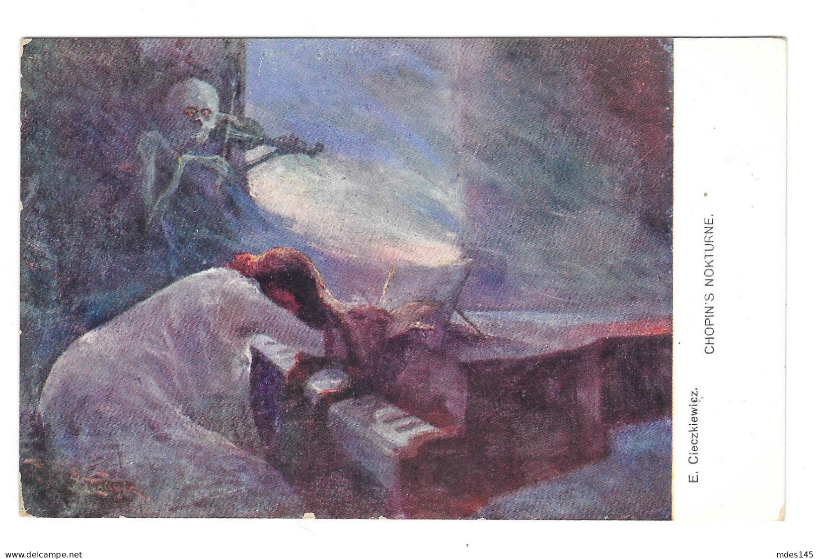 Chopin Nocturne Woman Piano Skeleton Ghost Playing Violin Cieczkiewicz Painting Postcard - Malerei & Gemälde