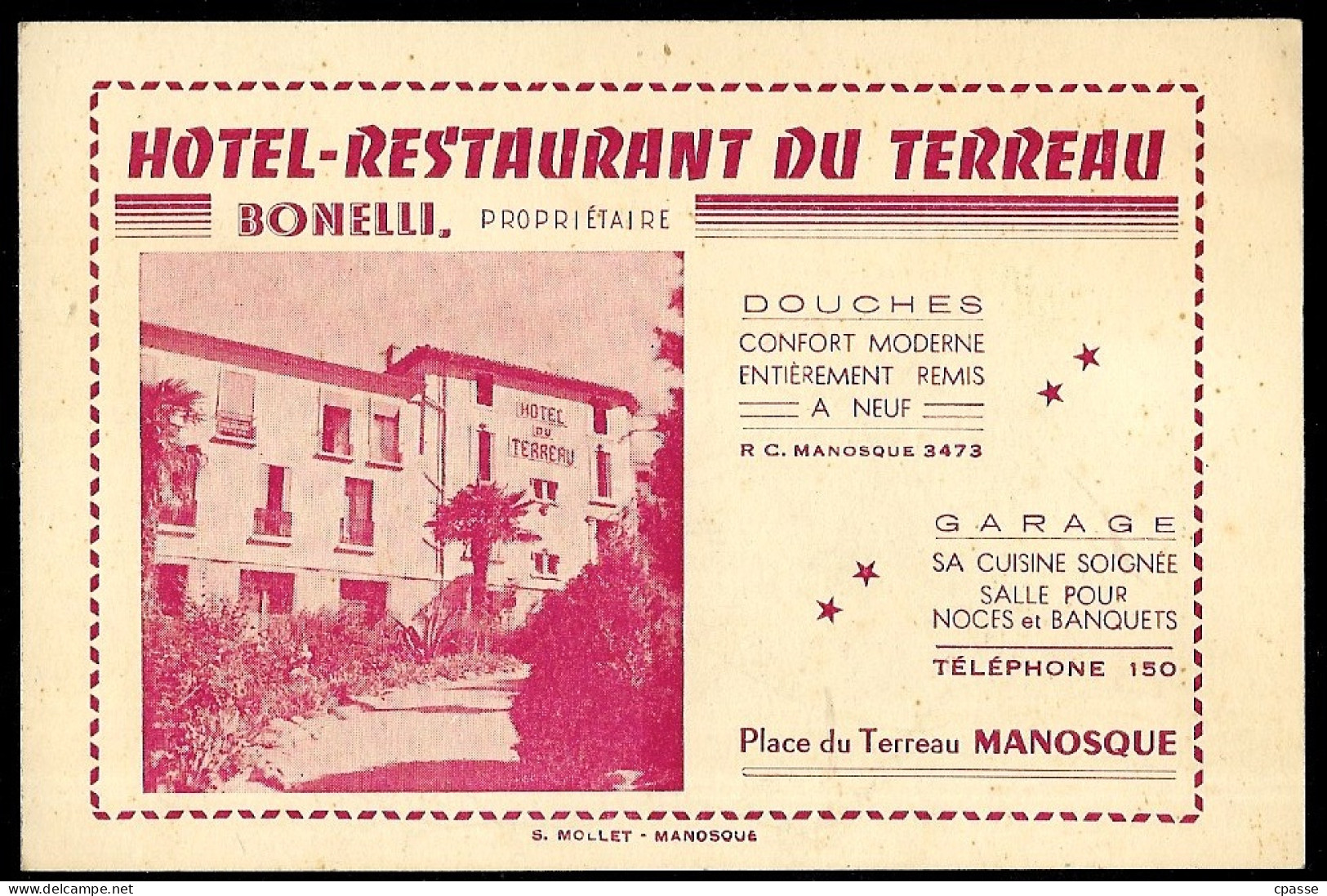 Carte De Visite Commerciale 04 MANOSQUE - Hôtel-Restaurant (Place) Du Terreau - BONELLI Propriétaire - Visiting Cards