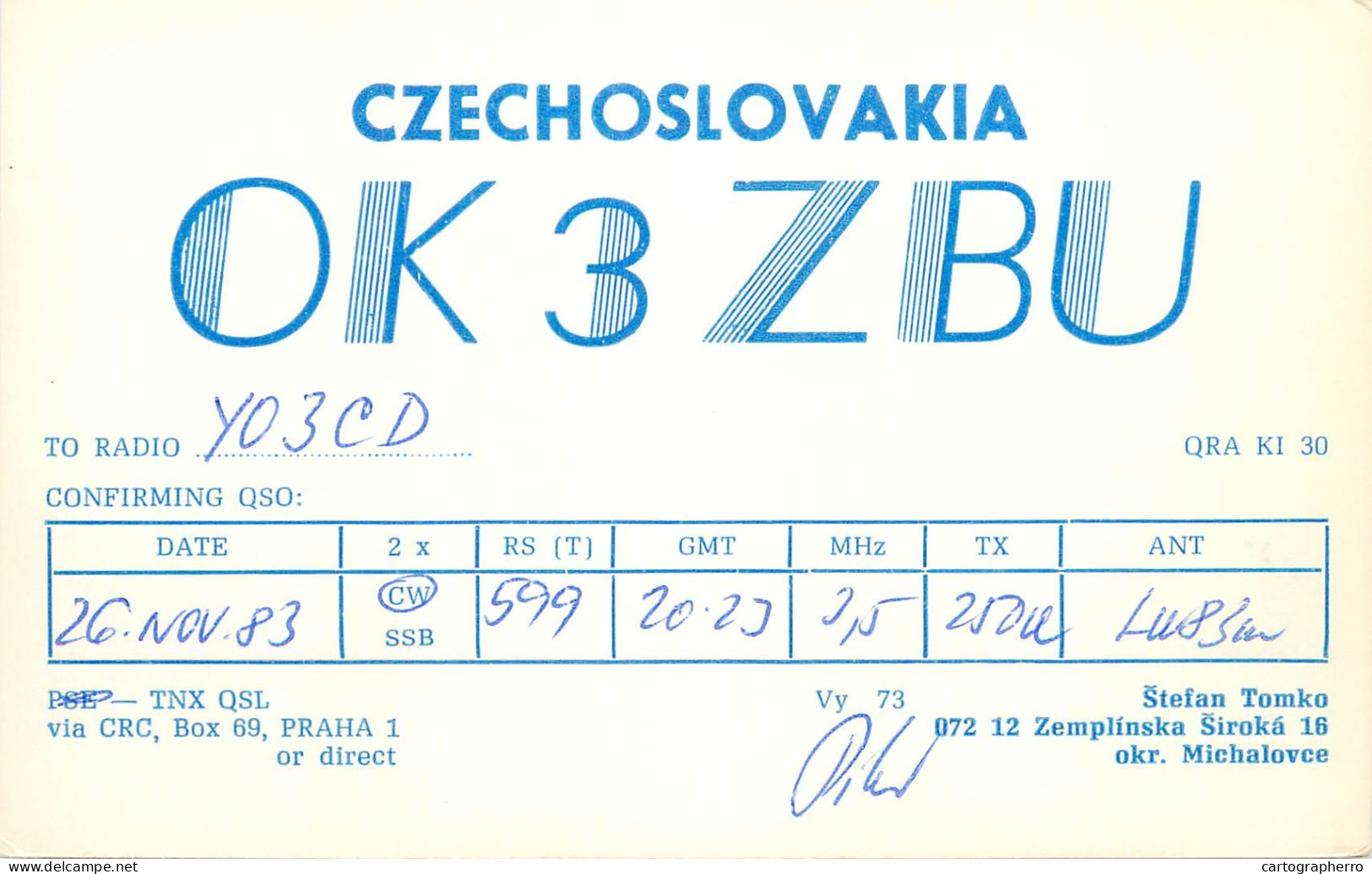 Radio Amateur QSL Post Card Y03CD OK3ZBU Czechoslovakia - Amateurfunk