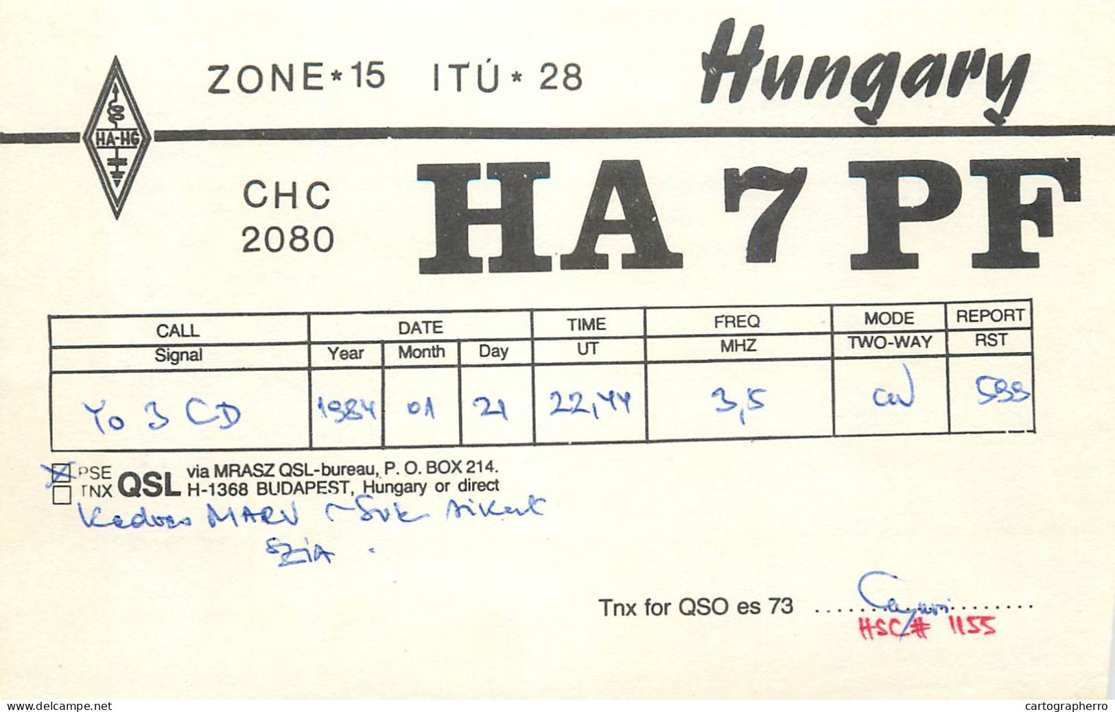 Radio Amateur QSL Post Card Y03CD HA7PF Hungary - Radio Amatoriale