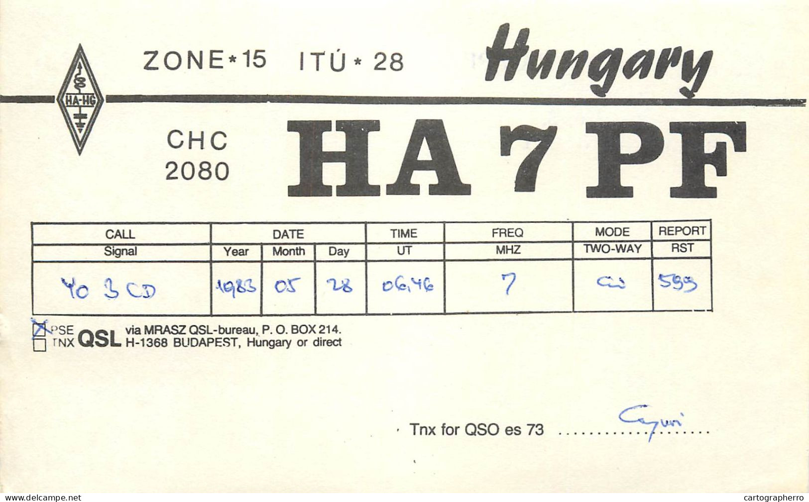 Radio Amateur QSL Post Card Y03CD HA7PF Hungary - Radio Amatoriale