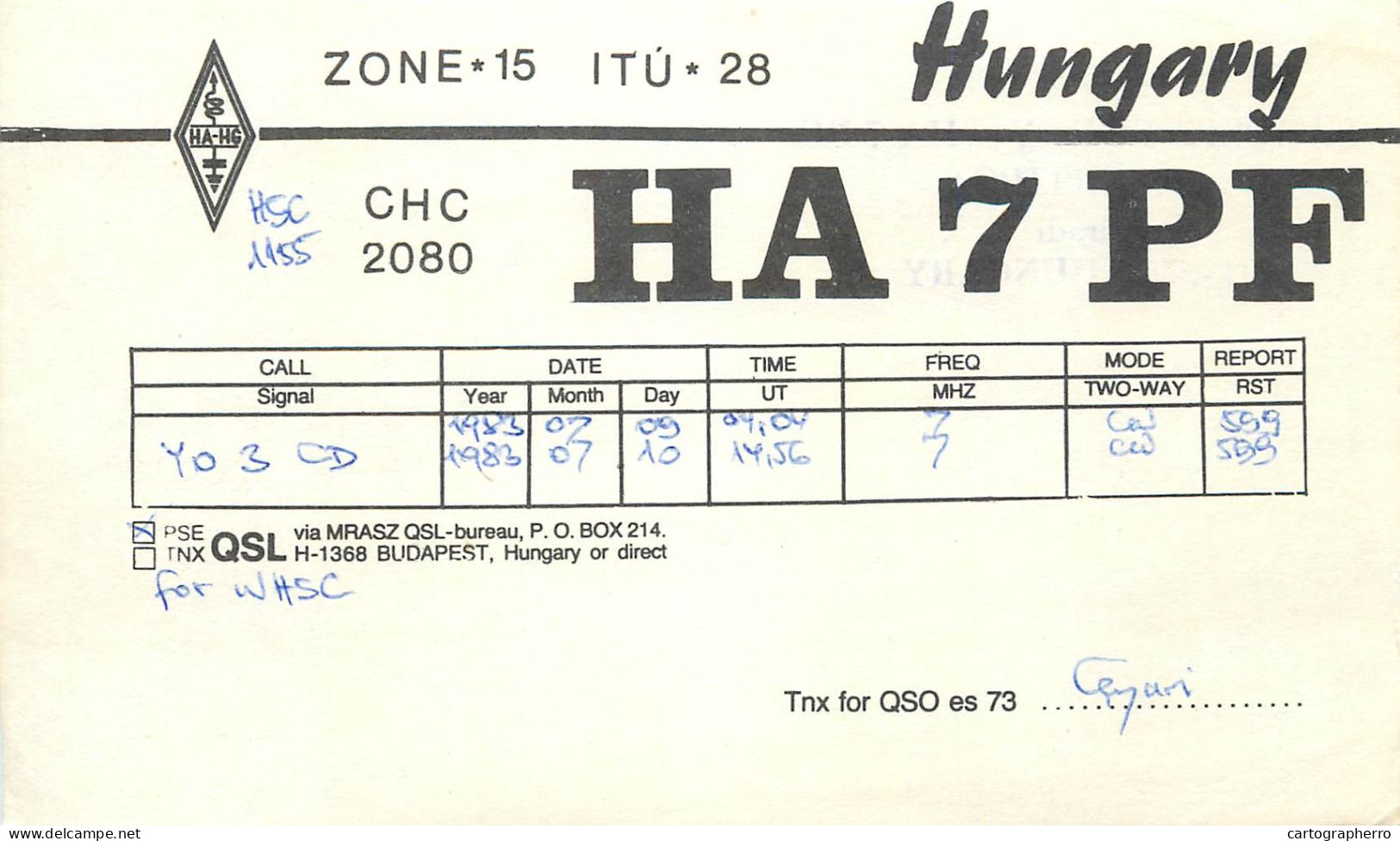 Radio Amateur QSL Post Card Y03CD HA7PF Hungary - Radio-amateur