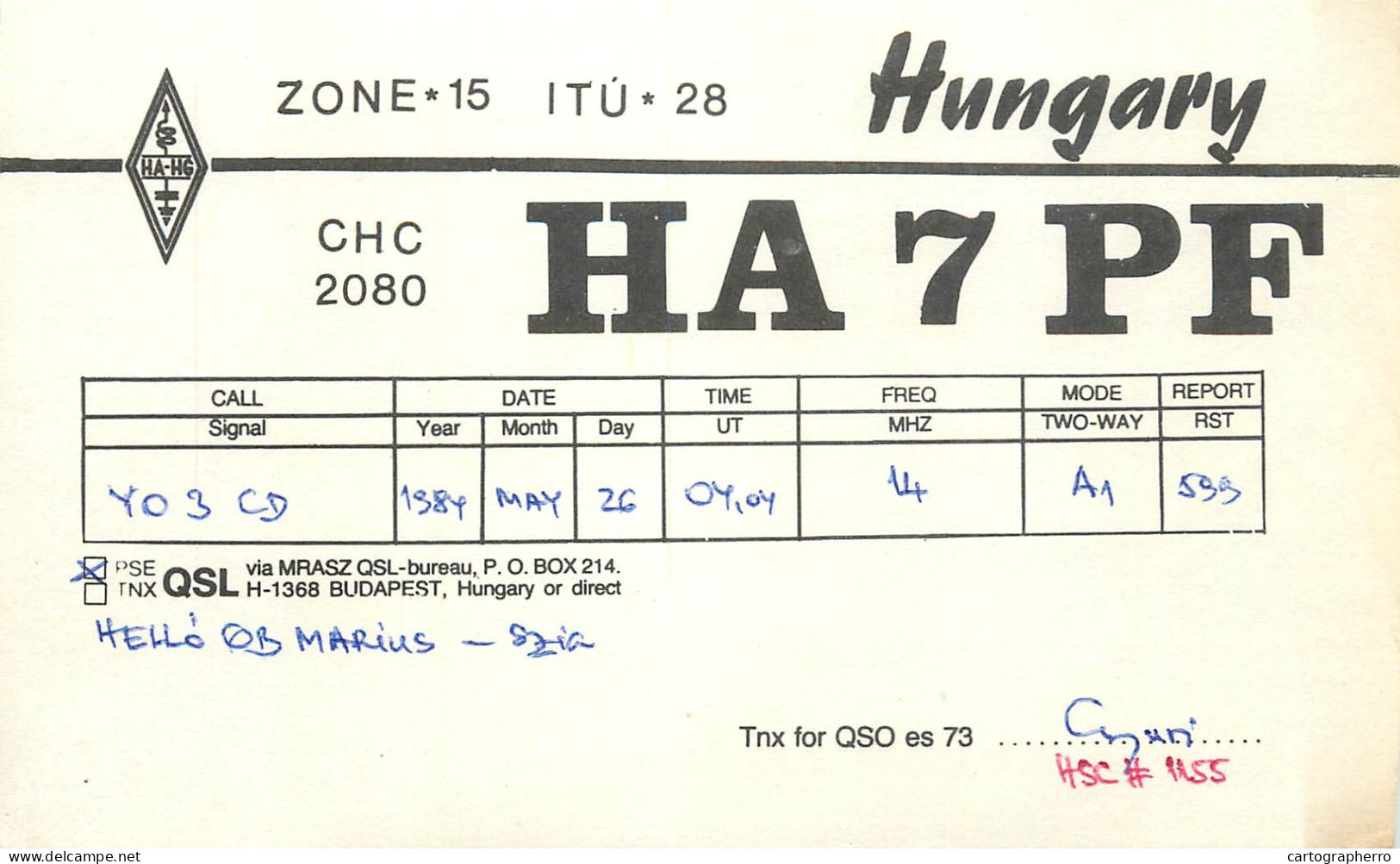 Radio Amateur QSL Post Card Y03CD HA7PF Hungary - Radio Amateur