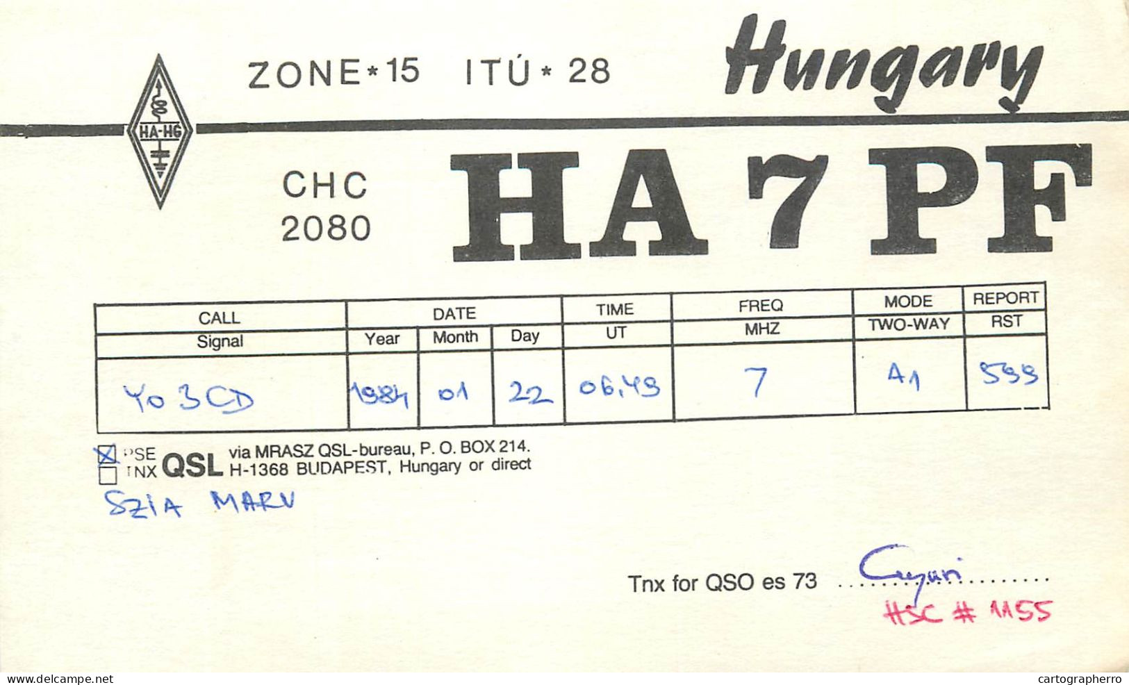 Radio Amateur QSL Post Card Y03CD HA7PF Hungary - Radio Amateur