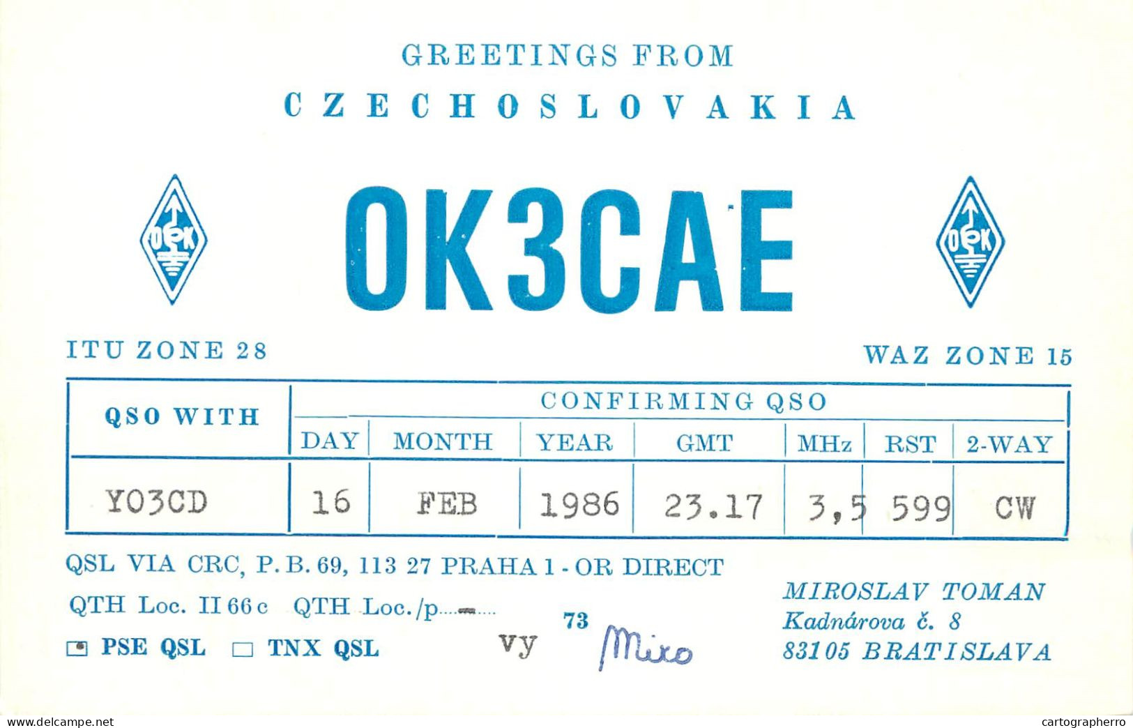 Radio Amateur QSL Post Card Y03CD OK3CAE Czechoslovakia - Radio Amateur