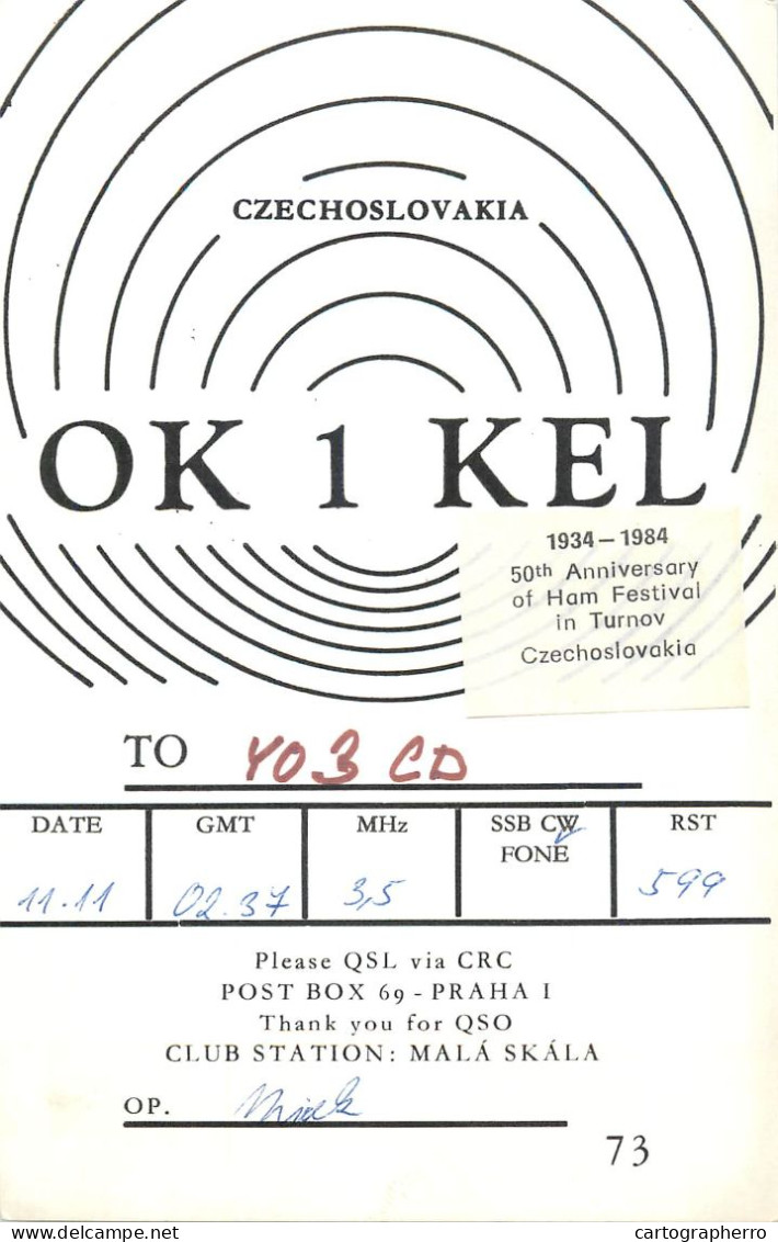 Radio Amateur QSL Post Card Y03CD OK1KEL Czechoslovakia - Radio Amateur