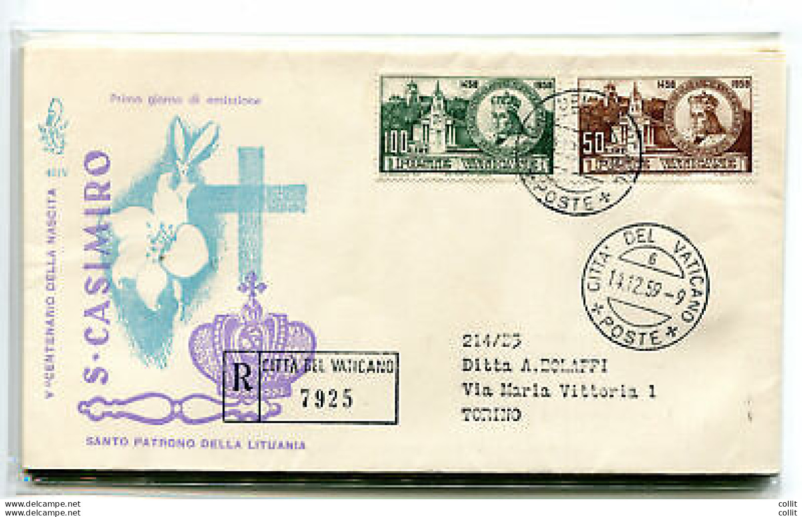 Vaticano FDC Venetia 1959 San Casimiro  Viaggiata Racc. Per L'Italia - FDC