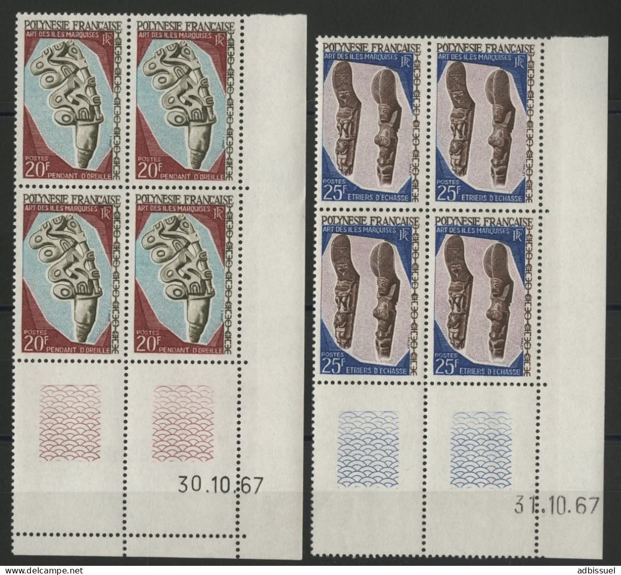 POLYNESIE N° 54 + 56 2 Blocs De Quatre Neufs ** (MNH) Avec Coin Daté 30/10/67 Et 31/10/67 TB - Nuevos