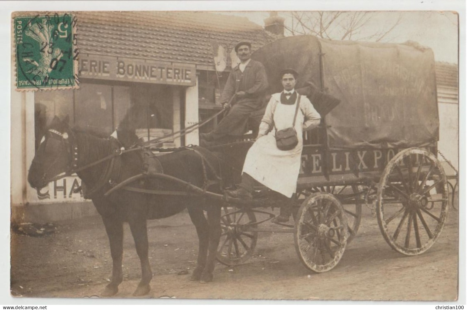 CARTE PHOTO ECRITE DE LA ROCHELLE 1907 - ATTELAGE DE LIVRAISON FELIX POTIN - EPICERIE PARISIENNE - MERCERIE - BONNETERIE - La Rochelle