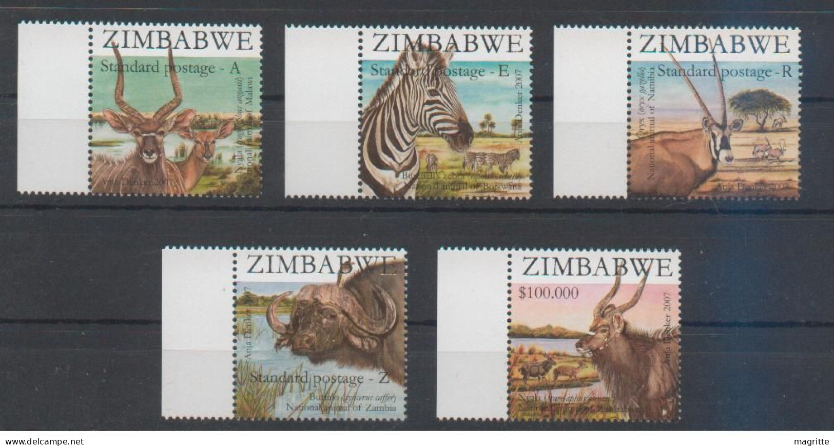 Zimbabwe 2007 Sapoa Set 5 Timbres Emission Commune , Zebre , Oryx , Buffle - Sapoa Joint Issue Zebra , Buffalo - Joint Issues