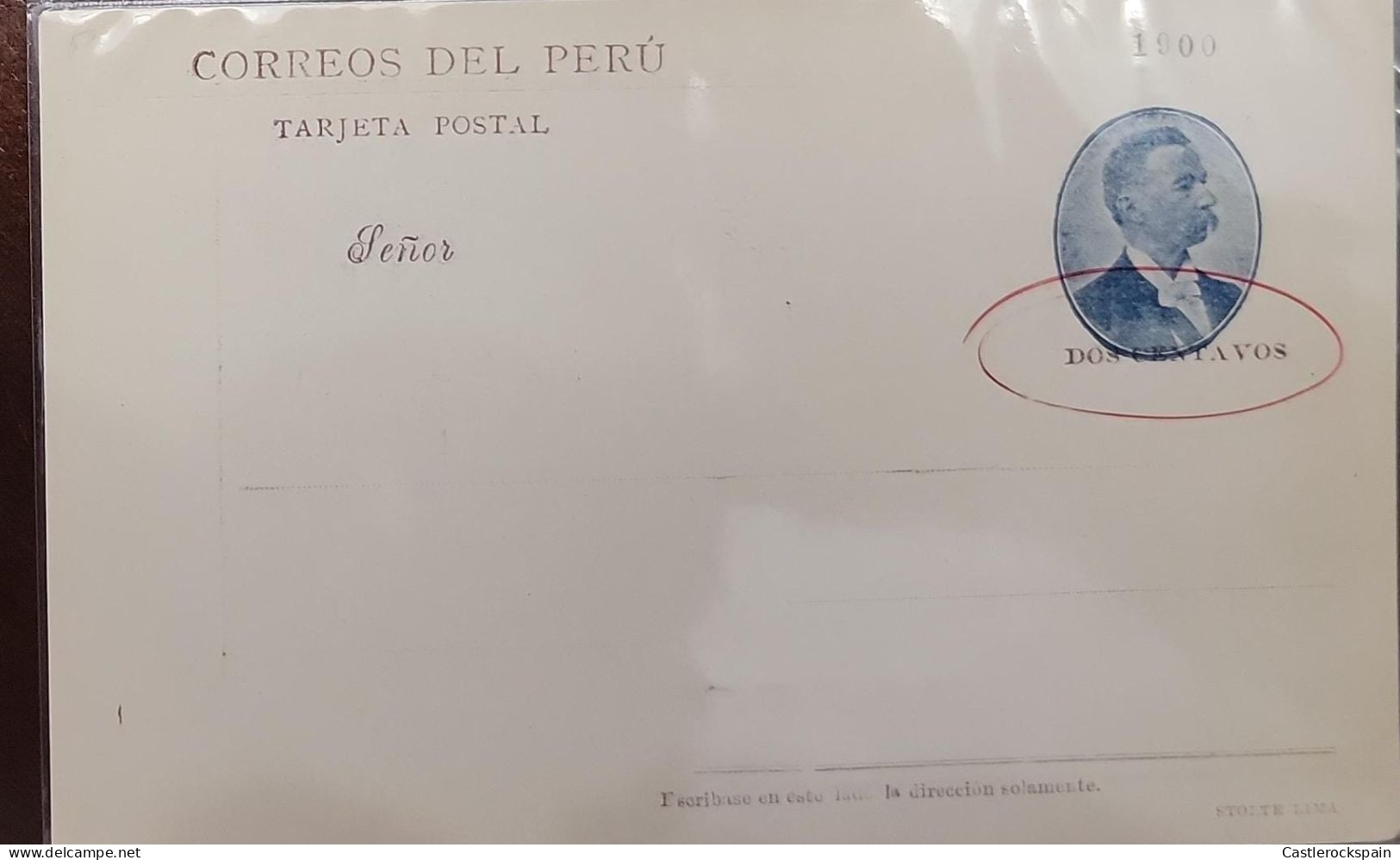 O) PERU, ERROR, PRESIDENT EDUARDO LOPEZ ROMAÑA,  POSTAL STATIONERY DOS CENTAVOS, OVAL CANCELLATION, UNUSED - Pérou