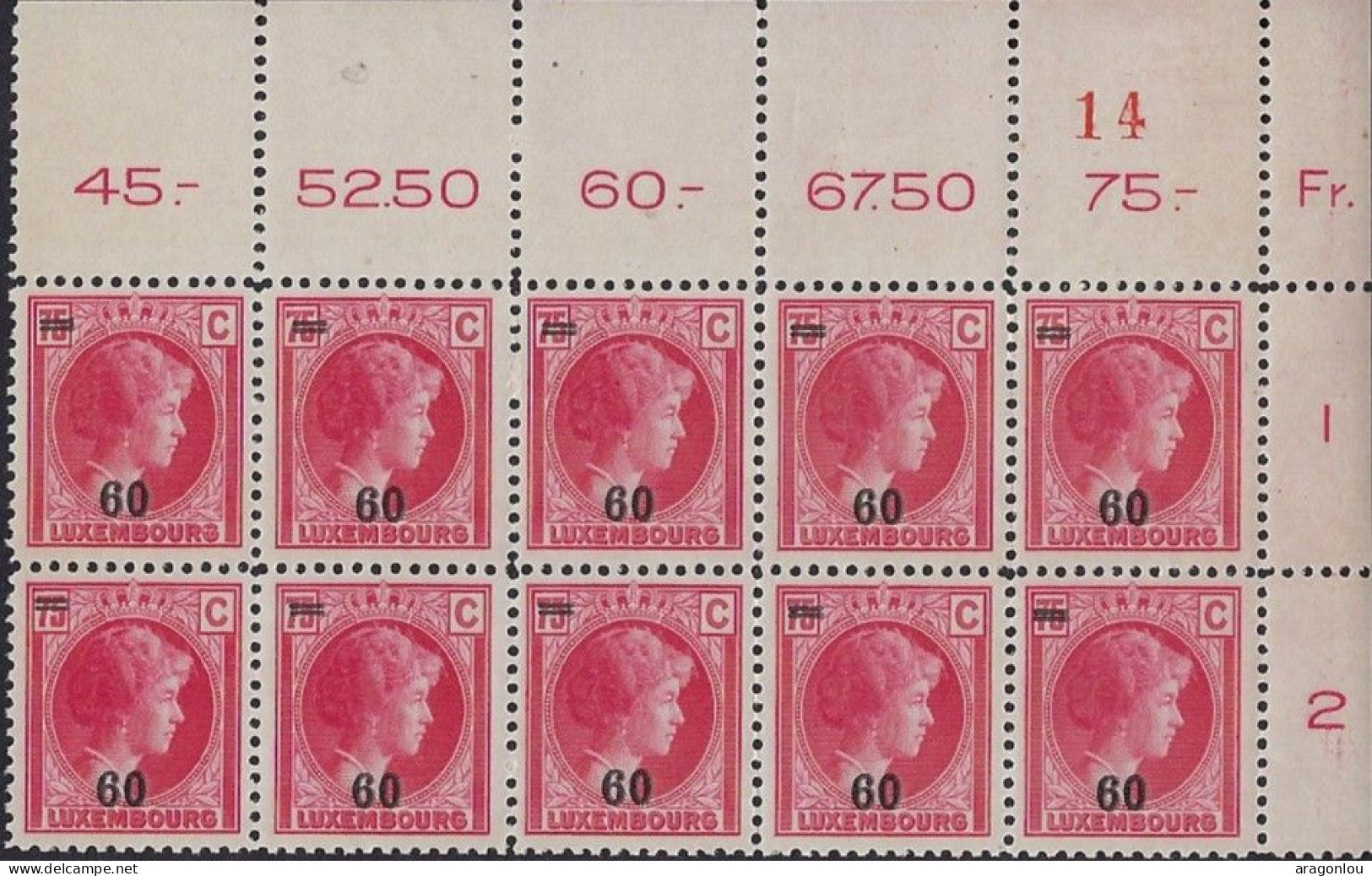 Luxembourg - Luxemburg - Timbres - Bloc à 10   Charlotte    MNH** - 1926-39 Charlotte Right-hand Side